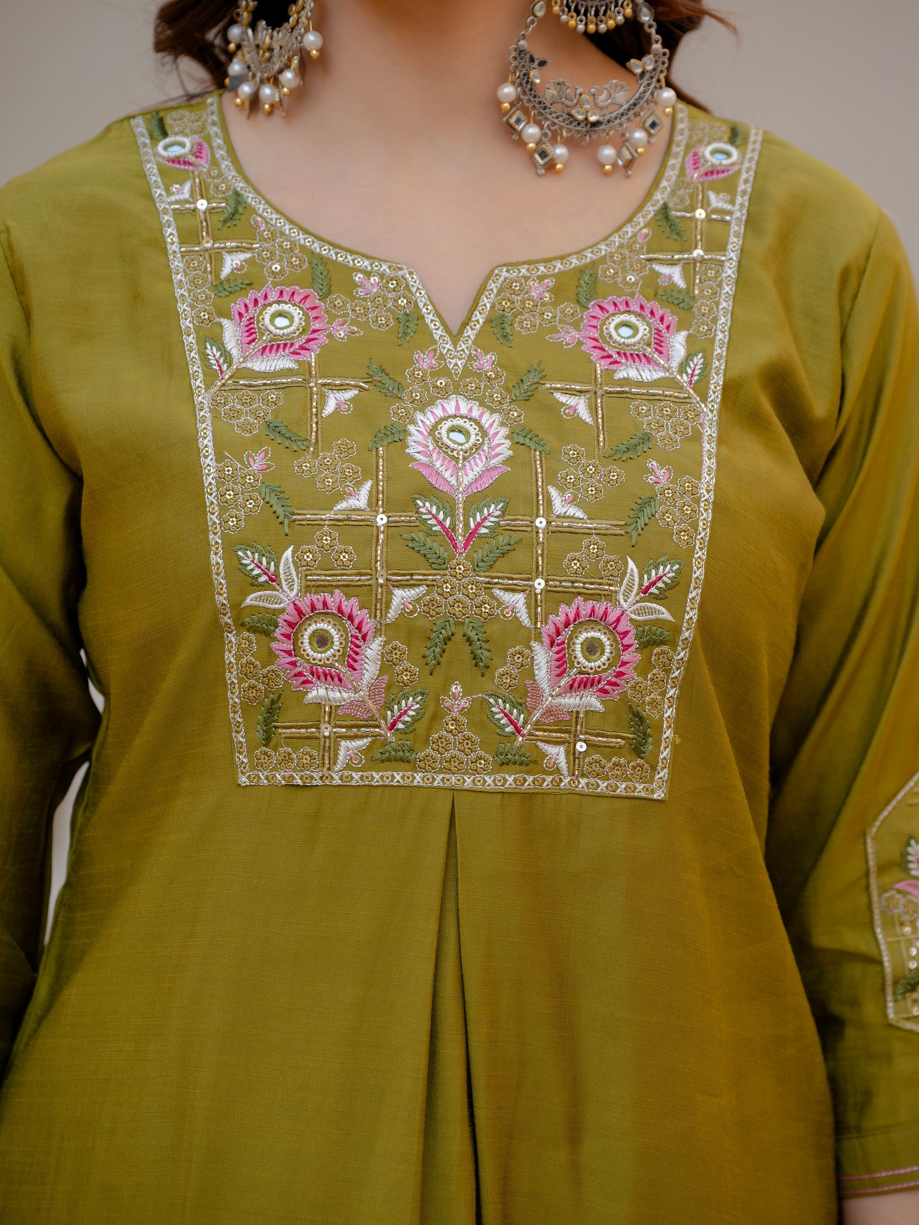 Lorenvalley Fashion Mehendi Viscose Mango Silk Multi Embroidery Sequins With Hand Work Kurta Pant Dupatta