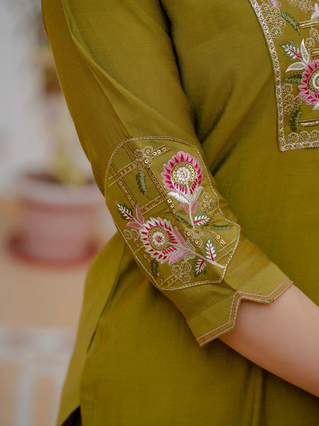 Lorenvalley Fashion Mehendi Viscose Mango Silk Multi Embroidery Sequins With Hand Work Kurta Pant Dupatta