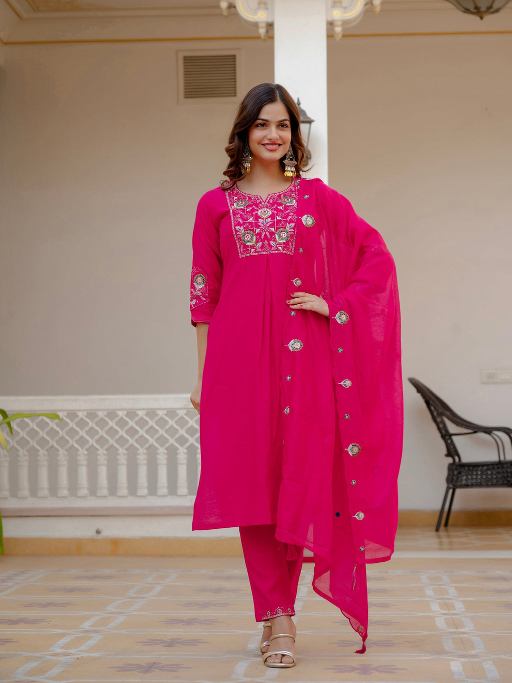 Lorenvalley Fashion Ranipink Viscose Mango Silk Multi Embroidery Sequins With Hand Work Kurta Pant Dupatta