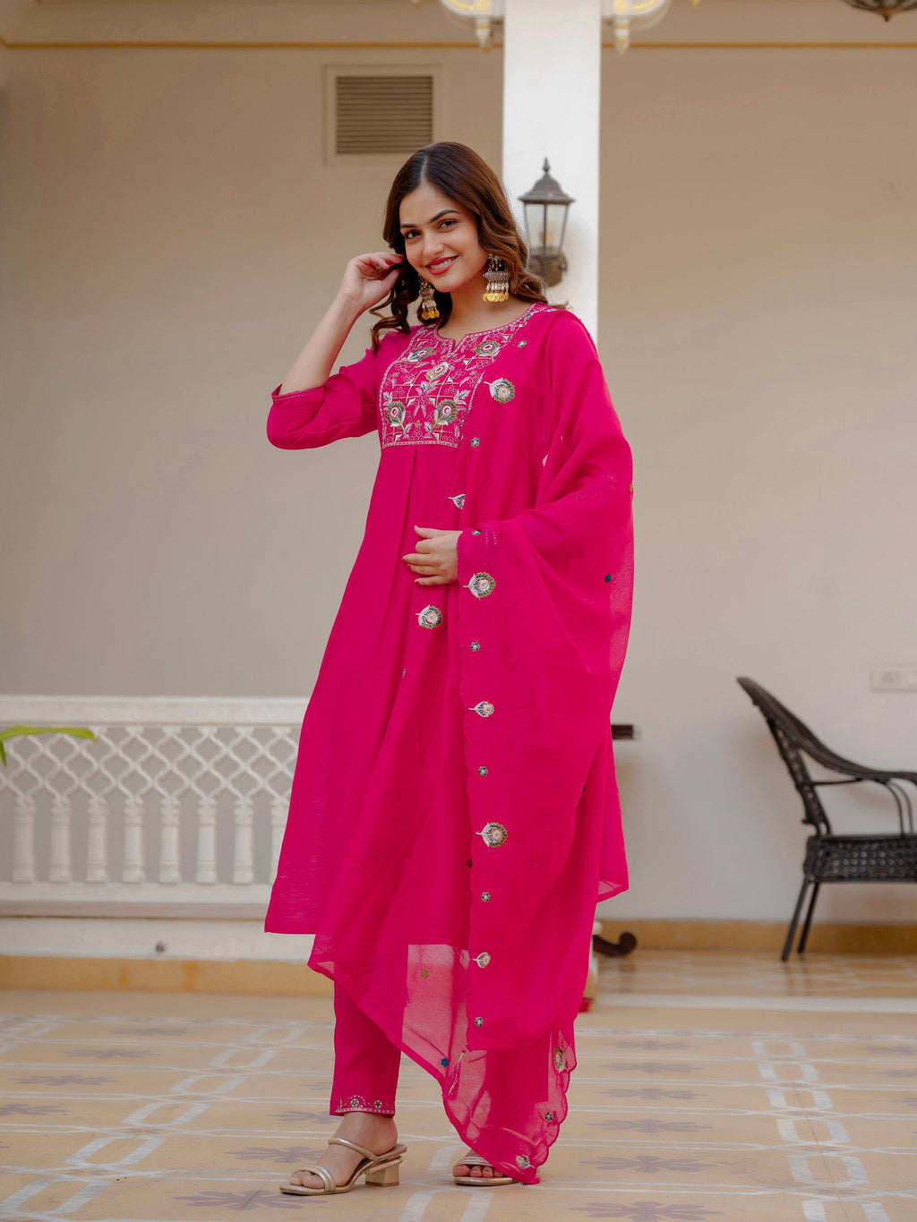 Lorenvalley Fashion Ranipink Viscose Mango Silk Multi Embroidery Sequins With Hand Work Kurta Pant Dupatta