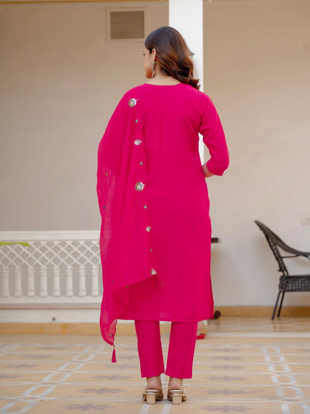 Lorenvalley Fashion Ranipink Viscose Mango Silk Multi Embroidery Sequins With Hand Work Kurta Pant Dupatta