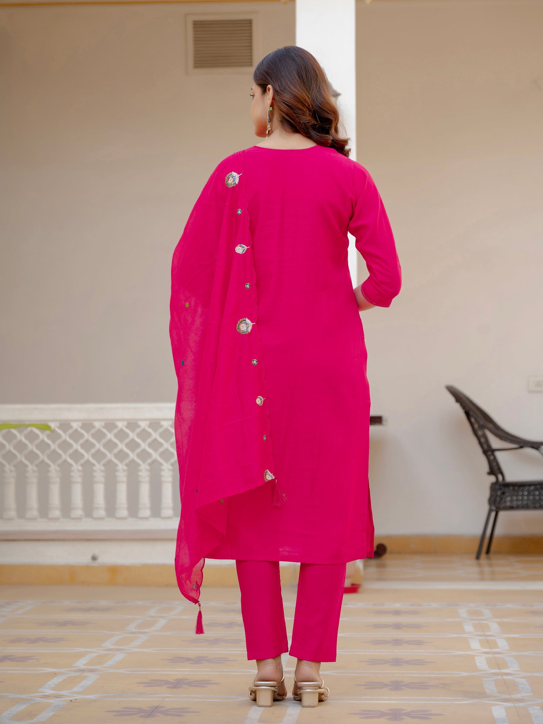 Lorenvalley Fashion Ranipink Viscose Mango Silk Multi Embroidery Sequins With Hand Work Kurta Pant Dupatta