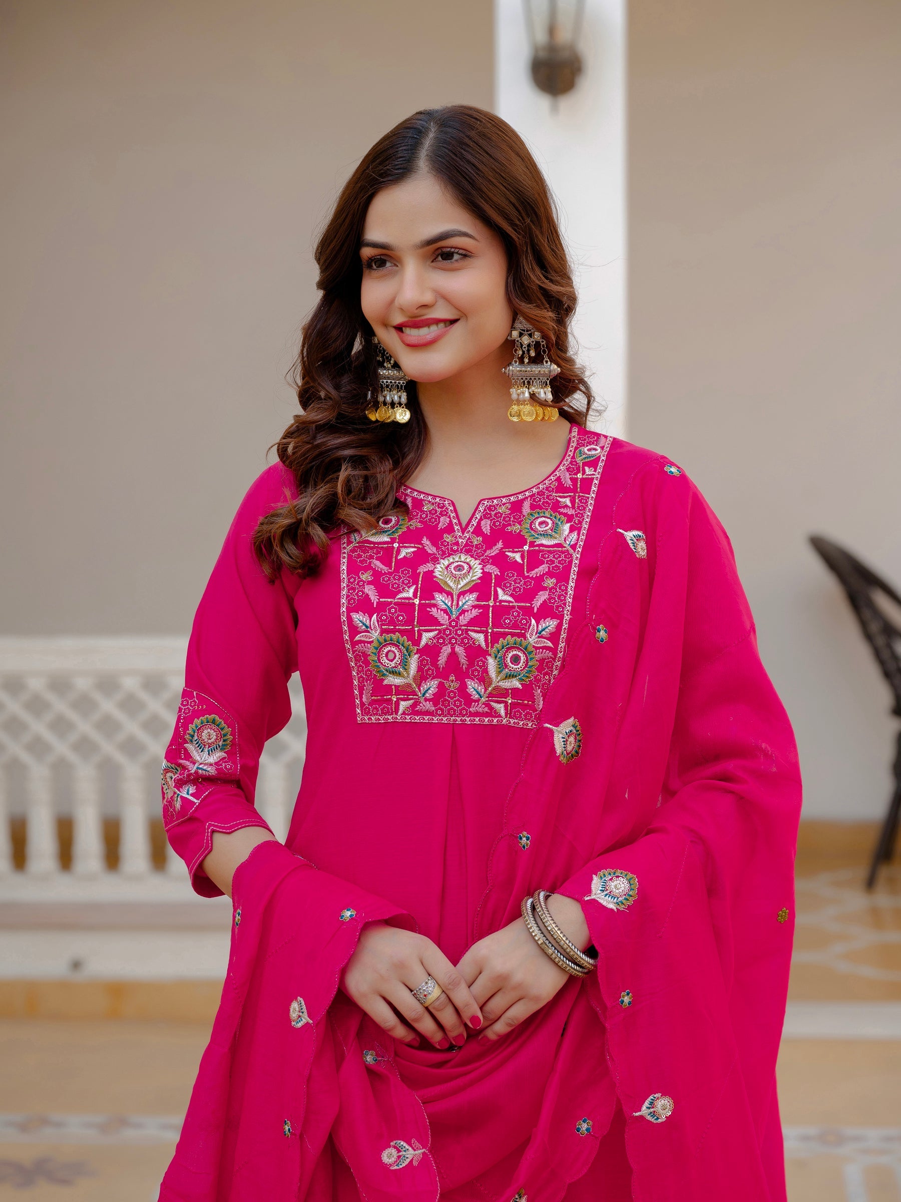 Lorenvalley Fashion Ranipink Viscose Mango Silk Multi Embroidery Sequins With Hand Work Kurta Pant Dupatta