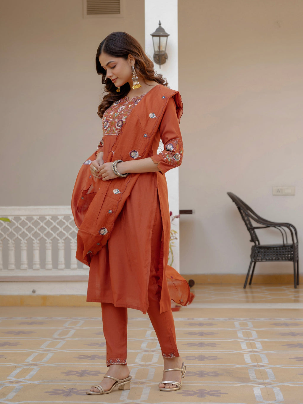 Lorenvalley Fashion Rust Viscose Mango Silk Multi Embroidery Sequins With Hand Work Kurta Pant Dupatta