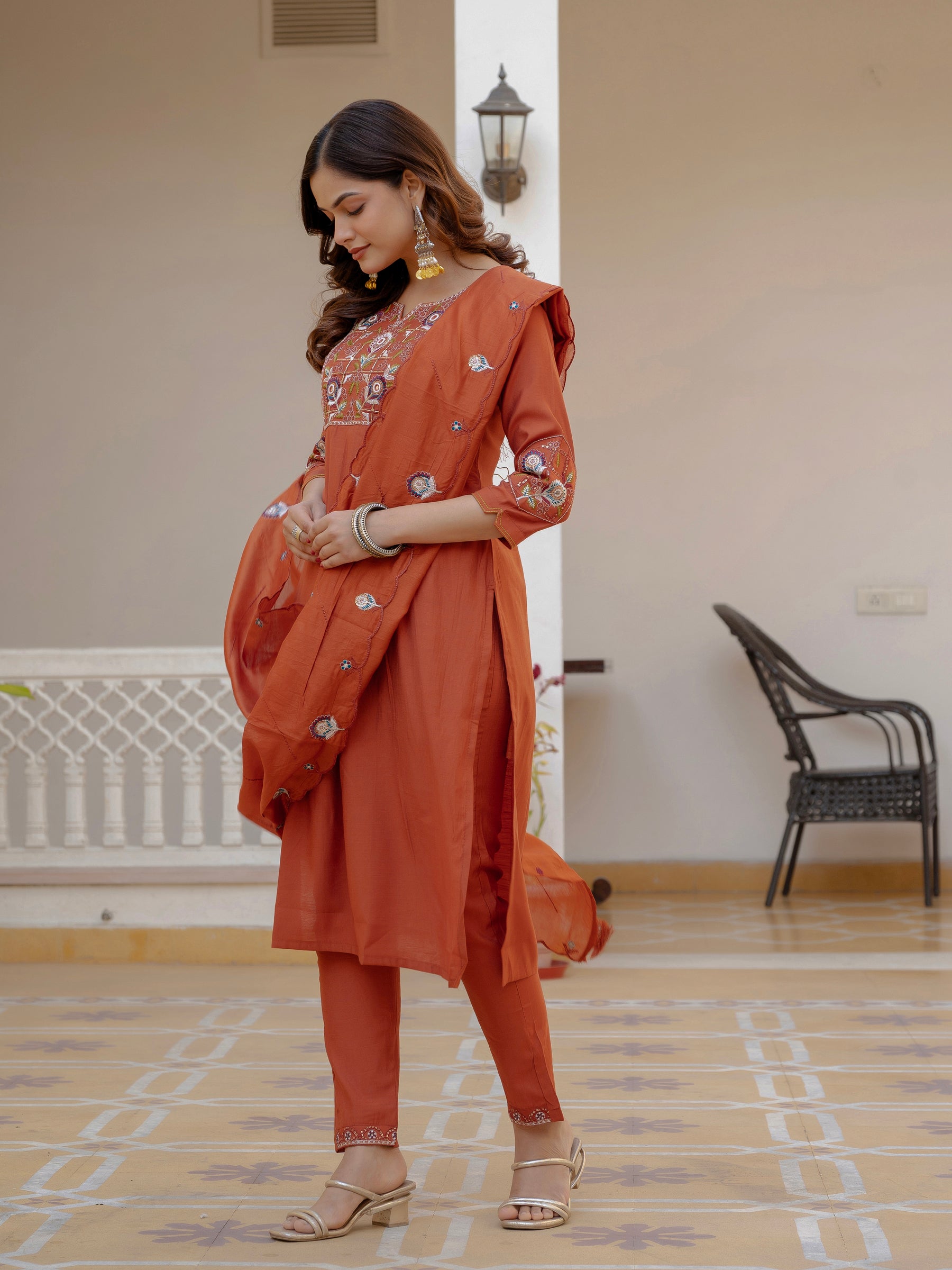 Lorenvalley Fashion Rust Viscose Mango Silk Multi Embroidery Sequins With Hand Work Kurta Pant Dupatta
