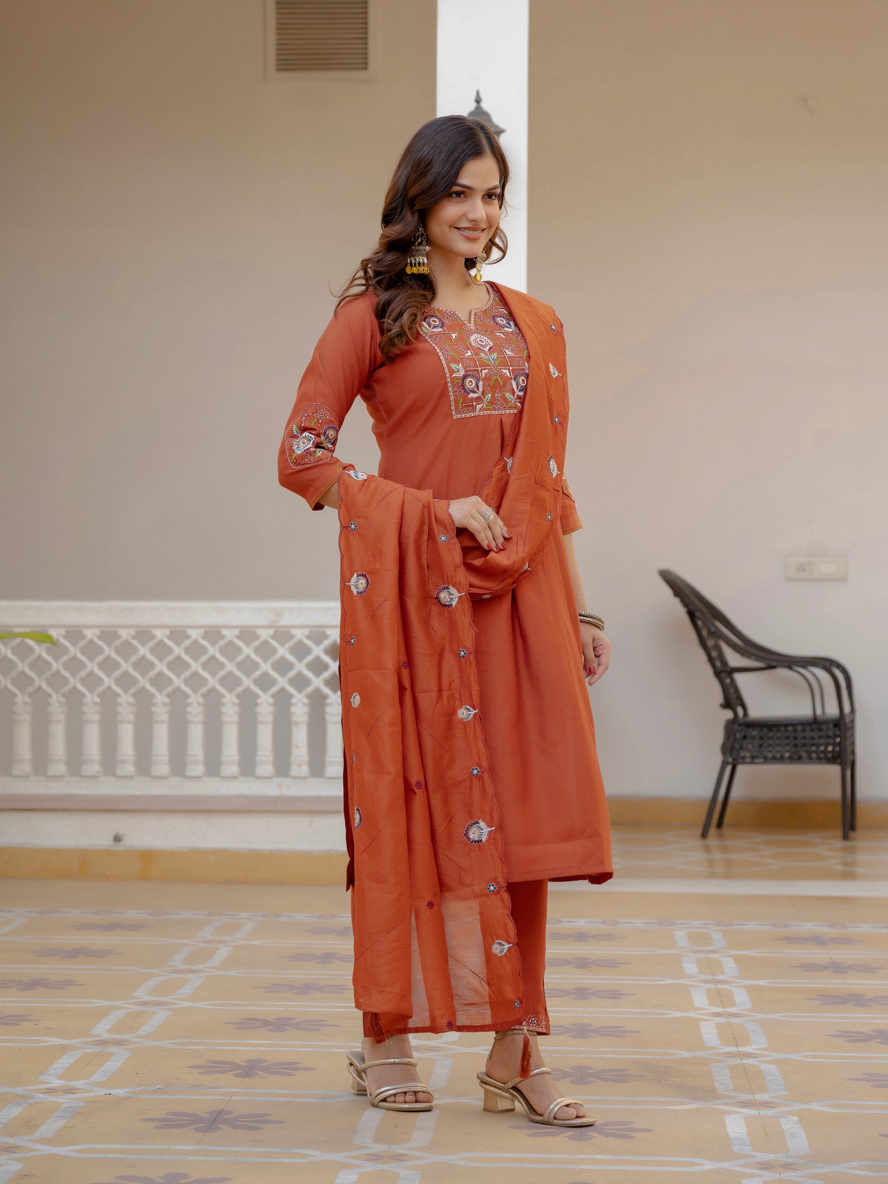 Lorenvalley Fashion Rust Viscose Mango Silk Multi Embroidery Sequins With Hand Work Kurta Pant Dupatta