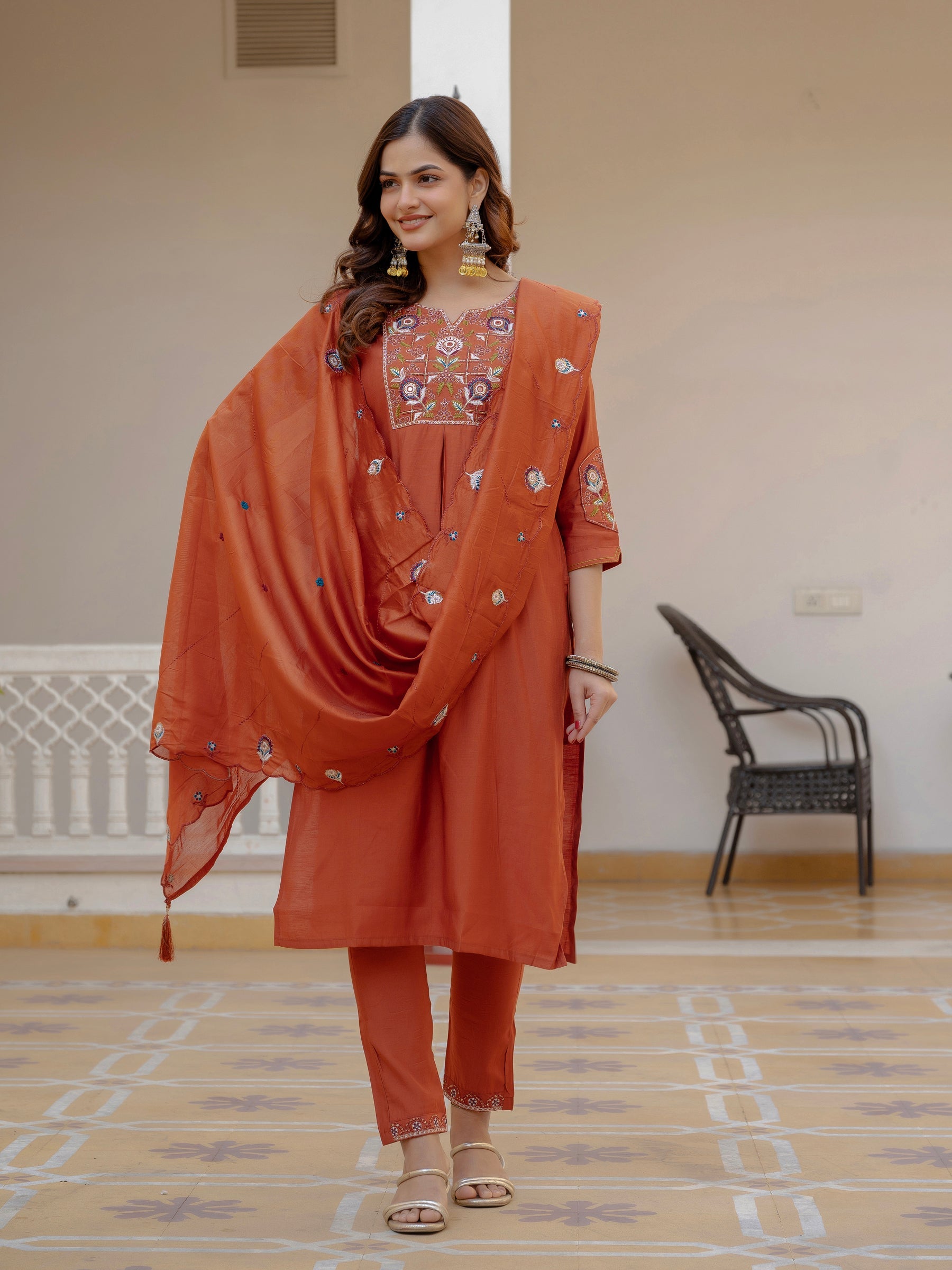 Lorenvalley Fashion Rust Viscose Mango Silk Multi Embroidery Sequins With Hand Work Kurta Pant Dupatta