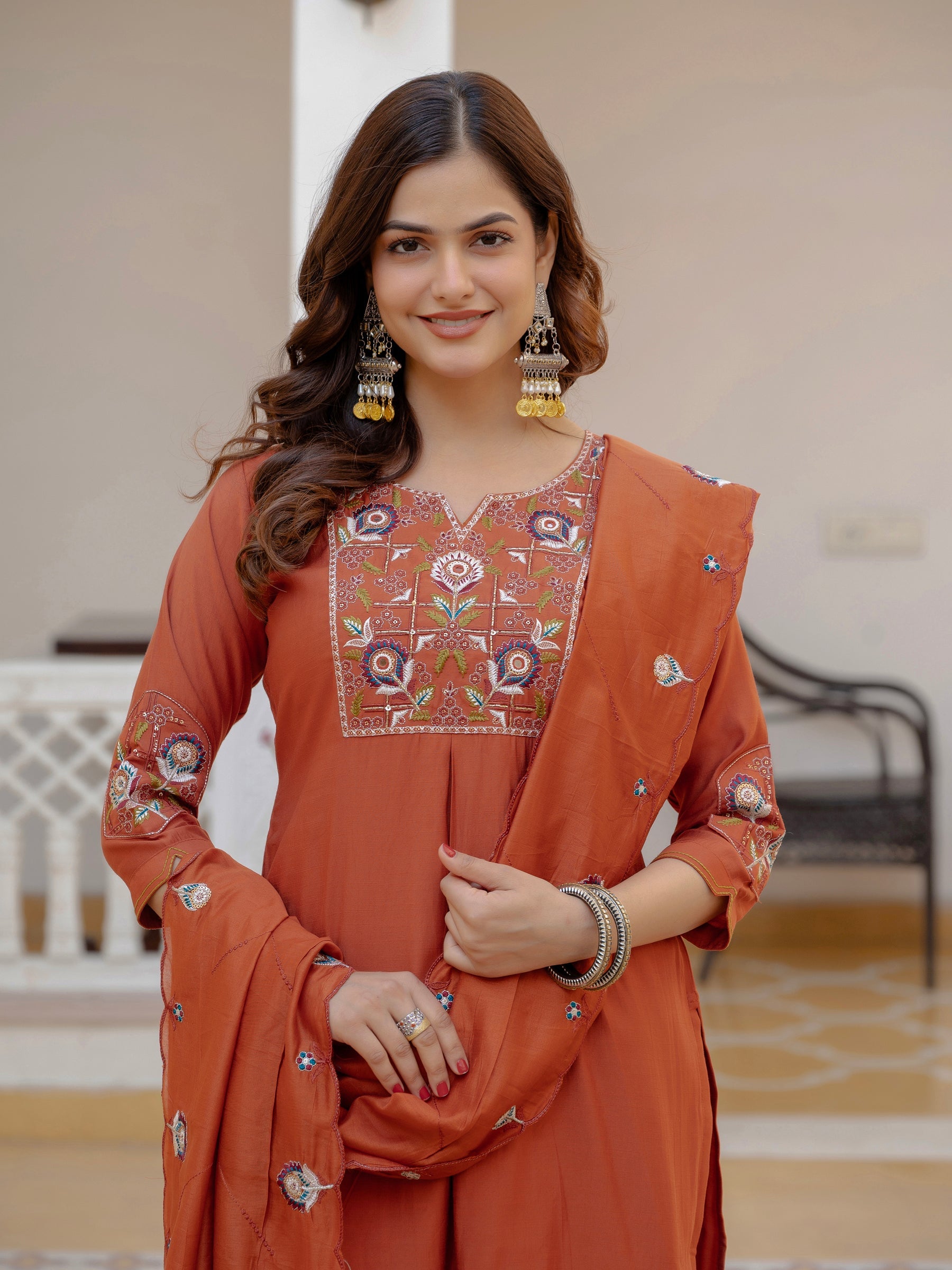 Lorenvalley Fashion Rust Viscose Mango Silk Multi Embroidery Sequins With Hand Work Kurta Pant Dupatta
