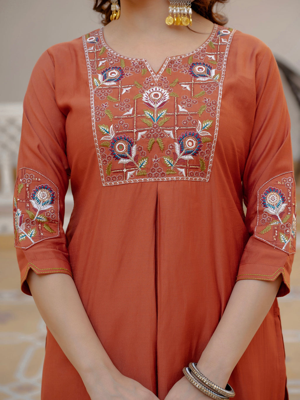 Lorenvalley Fashion Rust Viscose Mango Silk Multi Embroidery Sequins With Hand Work Kurta Pant Dupatta