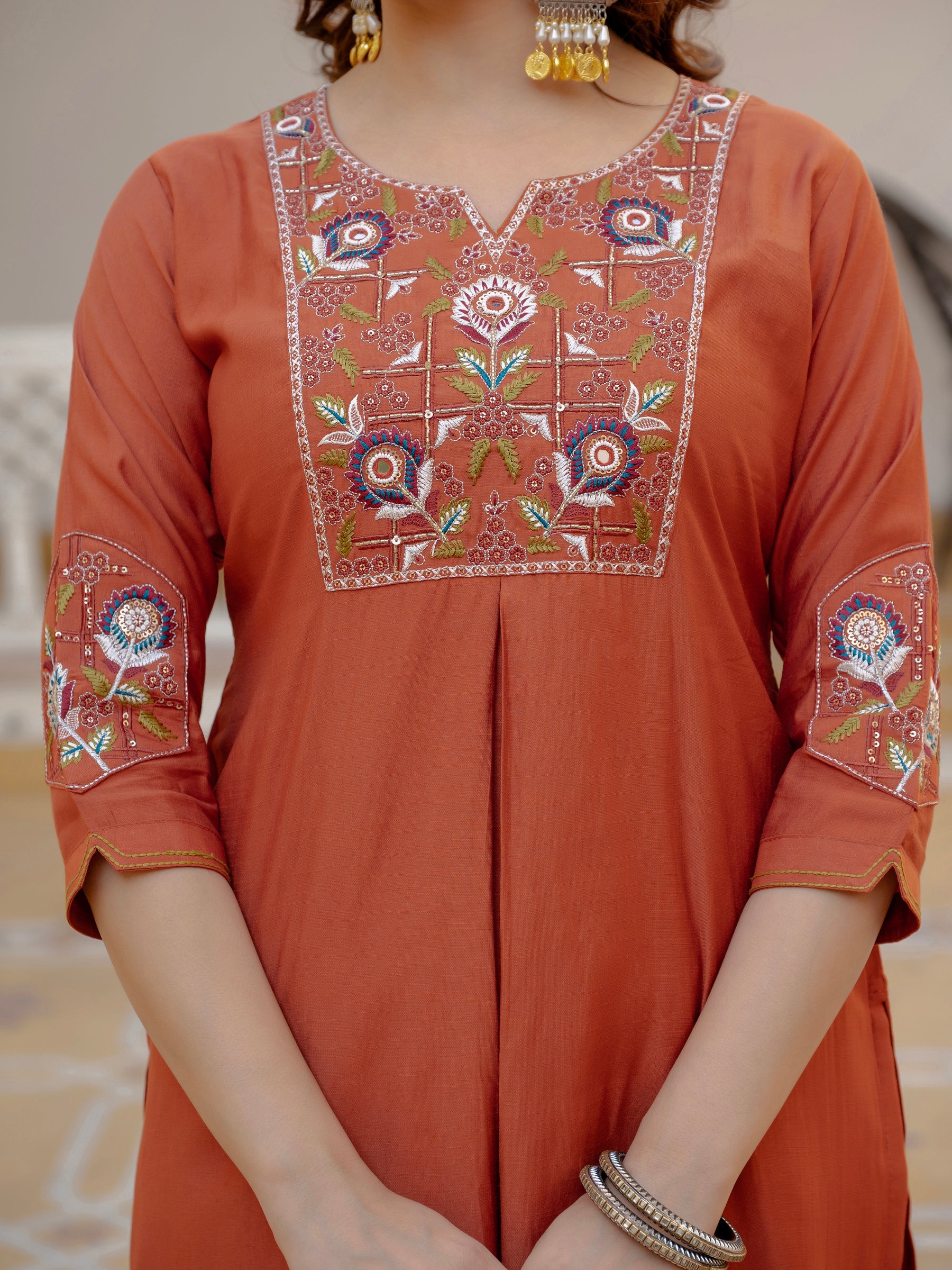Lorenvalley Fashion Rust Viscose Mango Silk Multi Embroidery Sequins With Hand Work Kurta Pant Dupatta