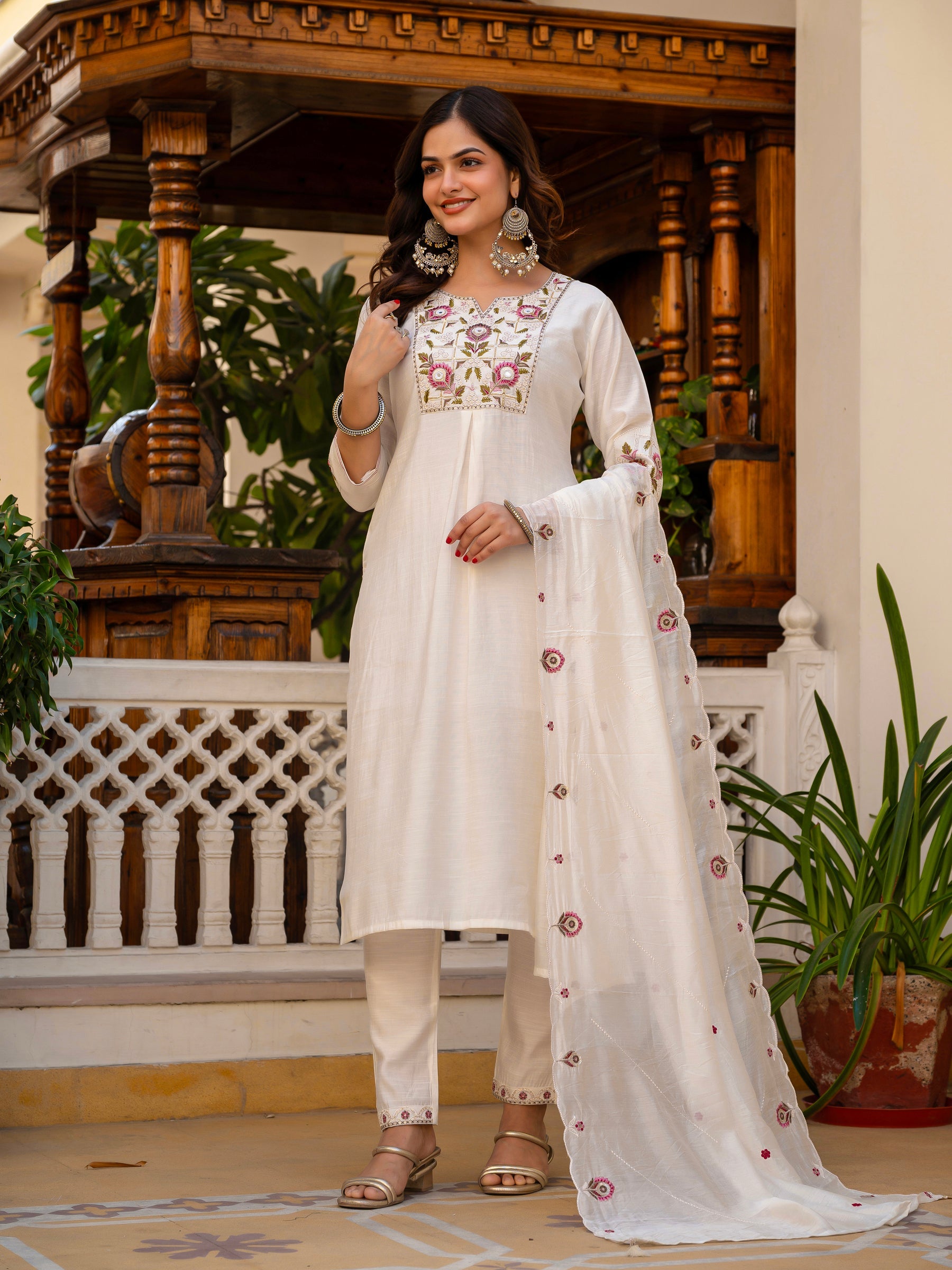 Lorenvalley Fashion White Viscose Mango Silk Multi Embroidery Sequins With Hand Work Kurta Pant Dupatta