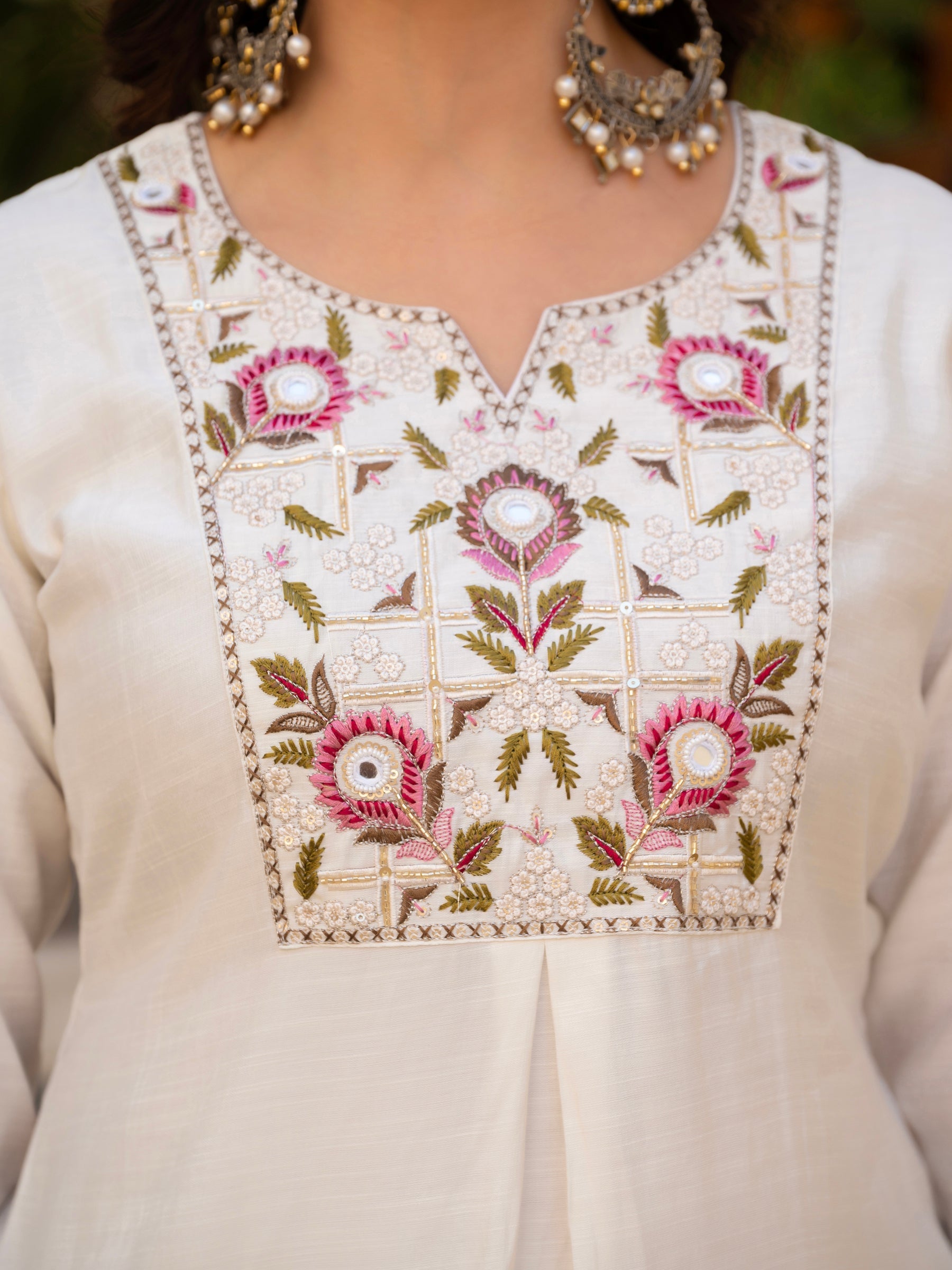 Lorenvalley Fashion White Viscose Mango Silk Multi Embroidery Sequins With Hand Work Kurta Pant Dupatta