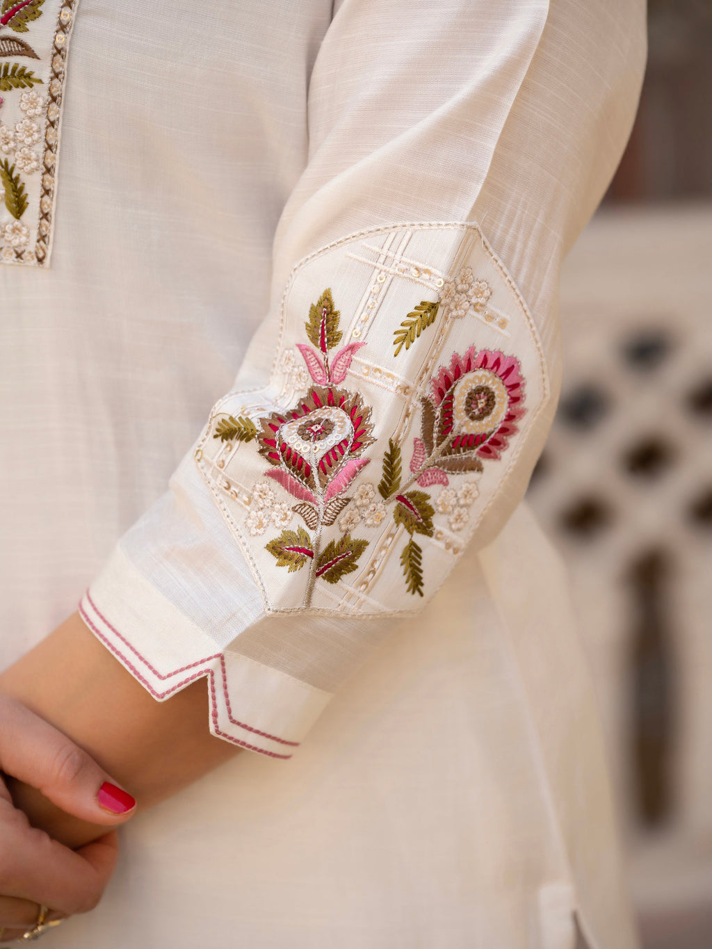 Lorenvalley Fashion White Viscose Mango Silk Multi Embroidery Sequins With Hand Work Kurta Pant Dupatta