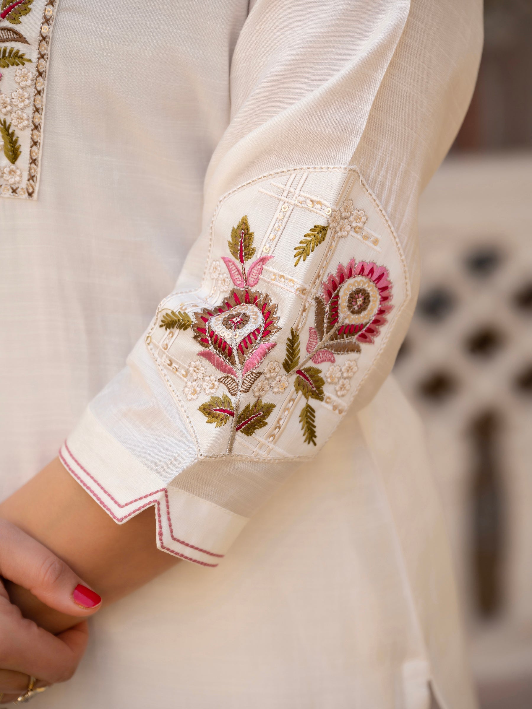 Lorenvalley Fashion White Viscose Mango Silk Multi Embroidery Sequins With Hand Work Kurta Pant Dupatta