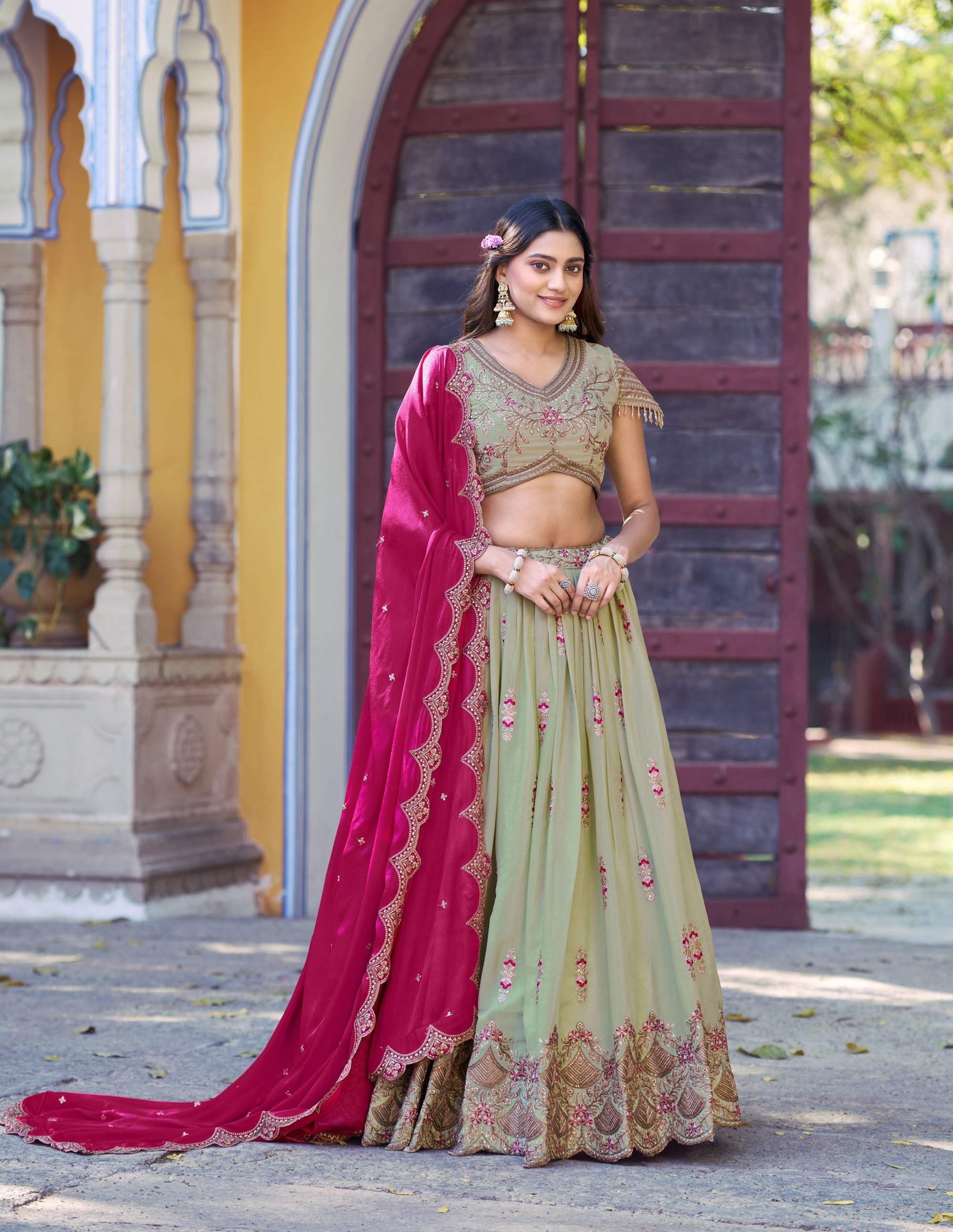 Lorenvalley Fashion Pista Star Georgette Zari, Sequins & Resham Embroidery With Butti And Arca Detailing Lehenga Choli with Dupatta