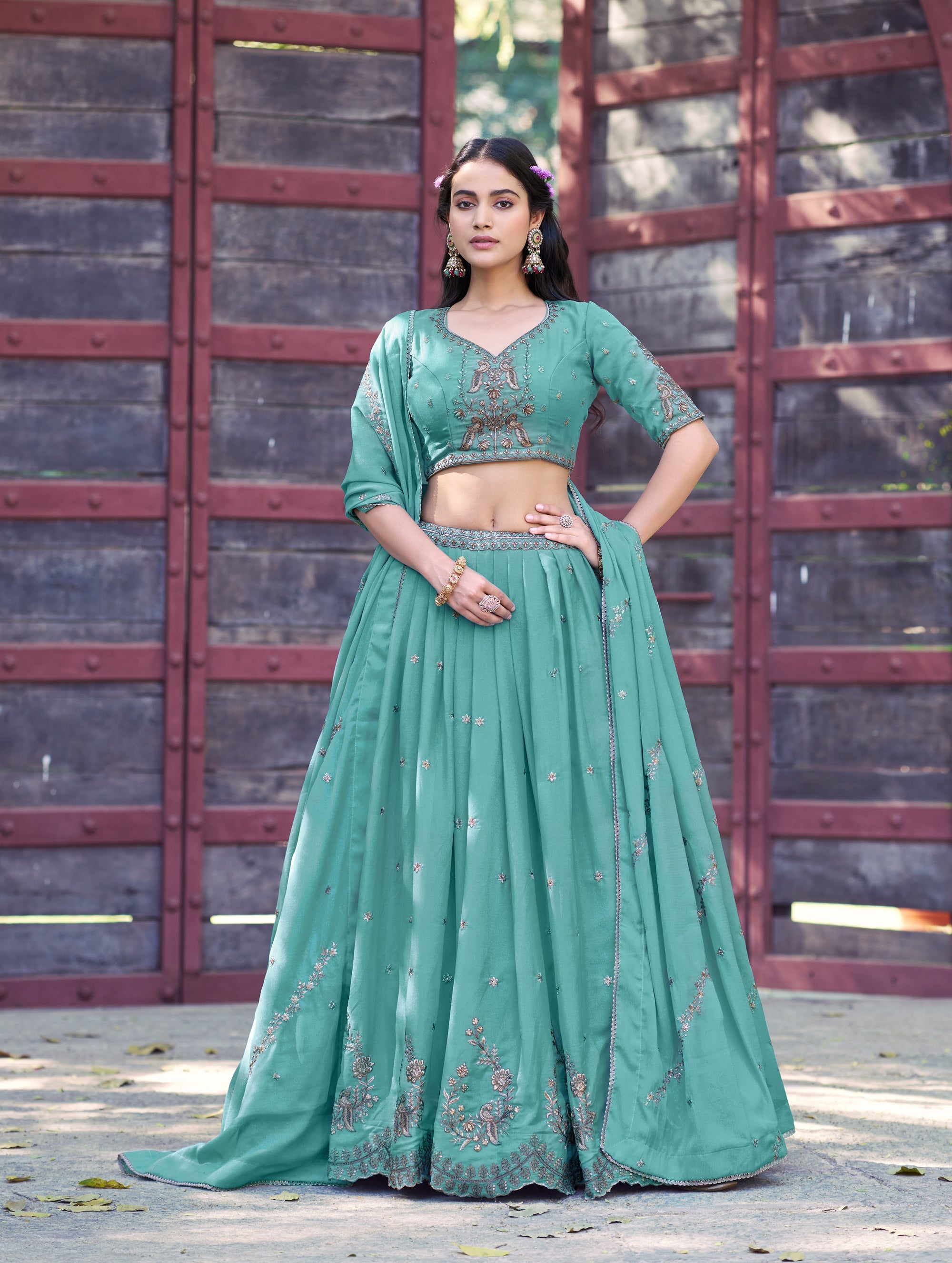 Lorenvalley Fashion Skyblue Star Georgette Zari, Sequins & Resham Embroidery With Butti And Arca Detailing Lehenga Choli with Dupatta