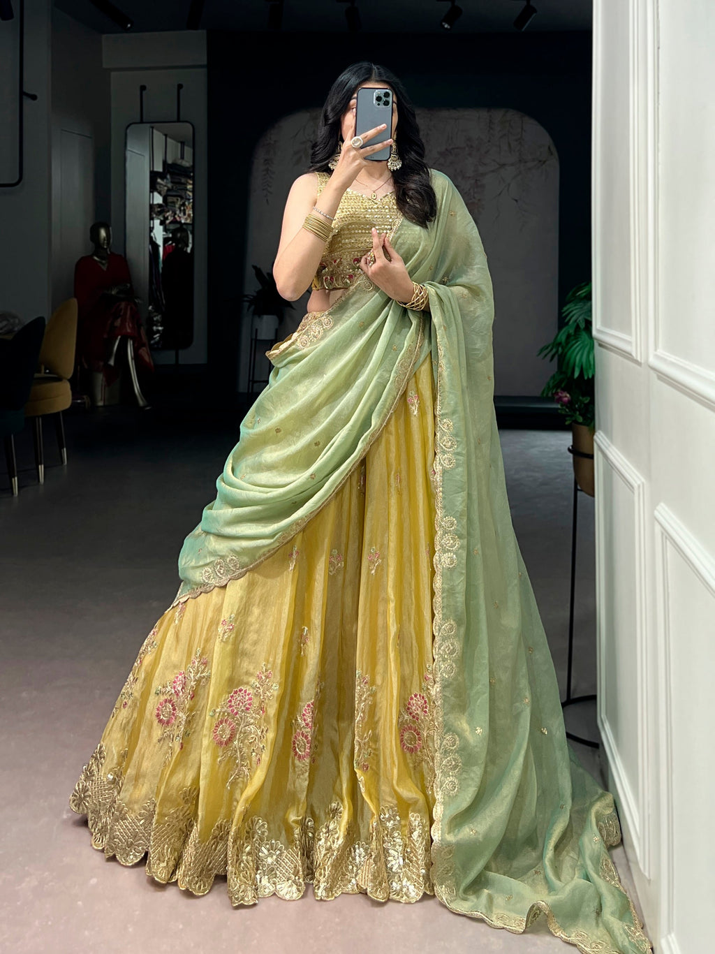 Lorenvalley Fashion Yellow NC Moss Silk Sequins and Thread Embroidery Work Lehenga Choli with Dupatta