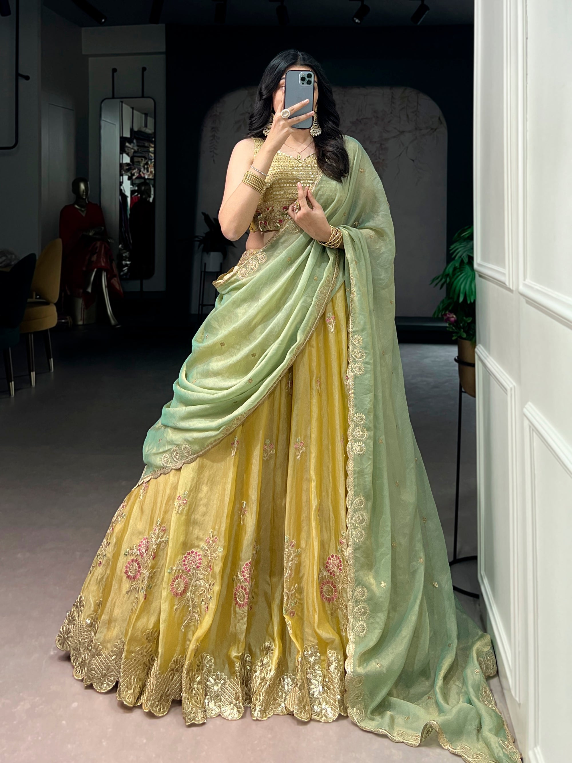 Lorenvalley Fashion Yellow NC Moss Silk Sequins and Thread Embroidery Work Lehenga Choli with Dupatta