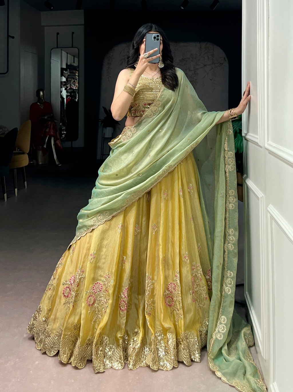 Lorenvalley Fashion Yellow NC Moss Silk Sequins and Thread Embroidery Work Lehenga Choli with Dupatta