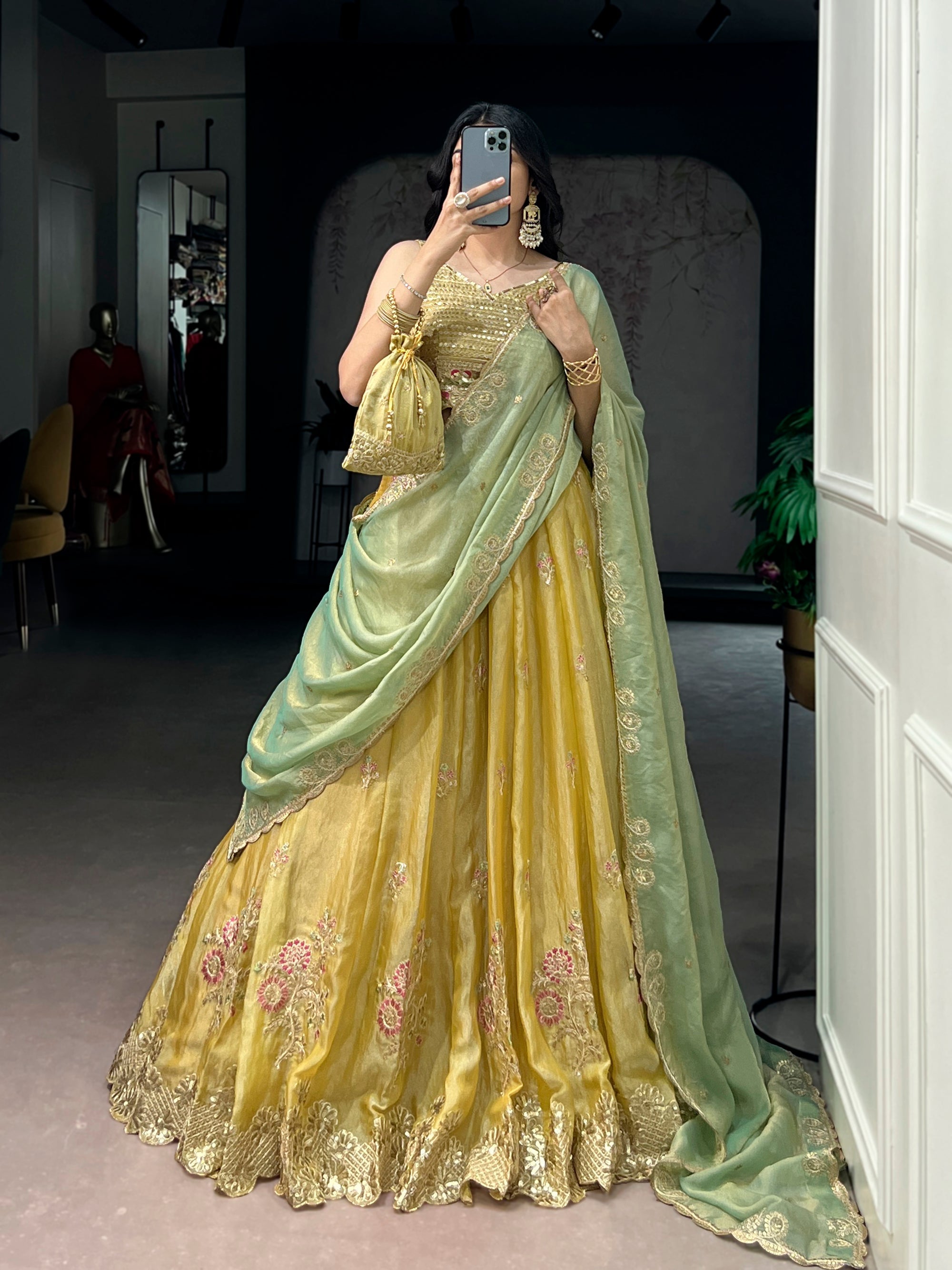 Lorenvalley Fashion Yellow NC Moss Silk Sequins and Thread Embroidery Work Lehenga Choli with Dupatta