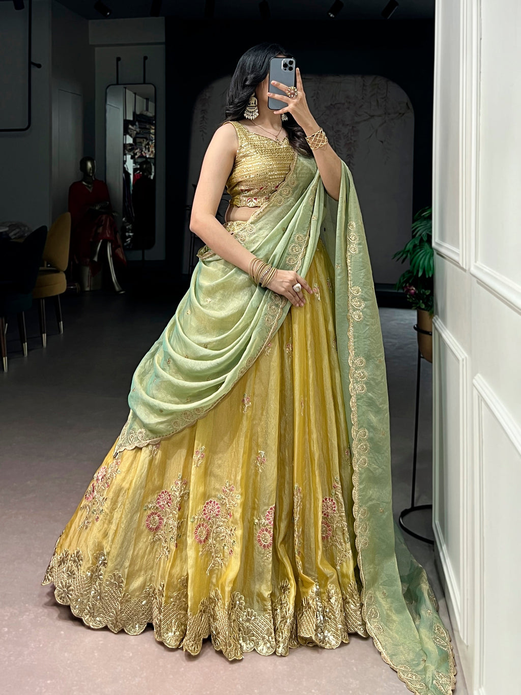 Lorenvalley Fashion Yellow NC Moss Silk Sequins and Thread Embroidery Work Lehenga Choli with Dupatta