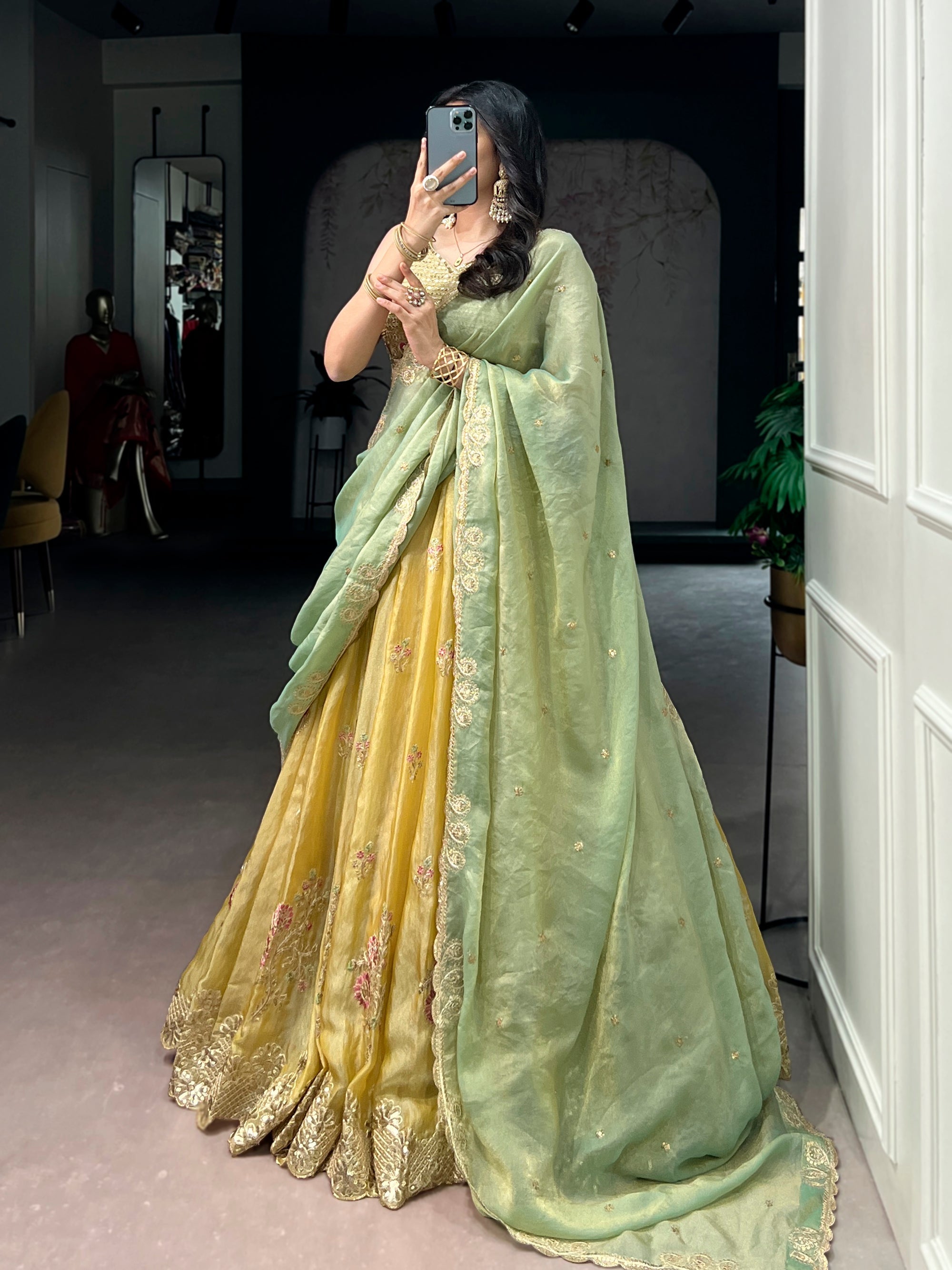 Lorenvalley Fashion Yellow NC Moss Silk Sequins and Thread Embroidery Work Lehenga Choli with Dupatta