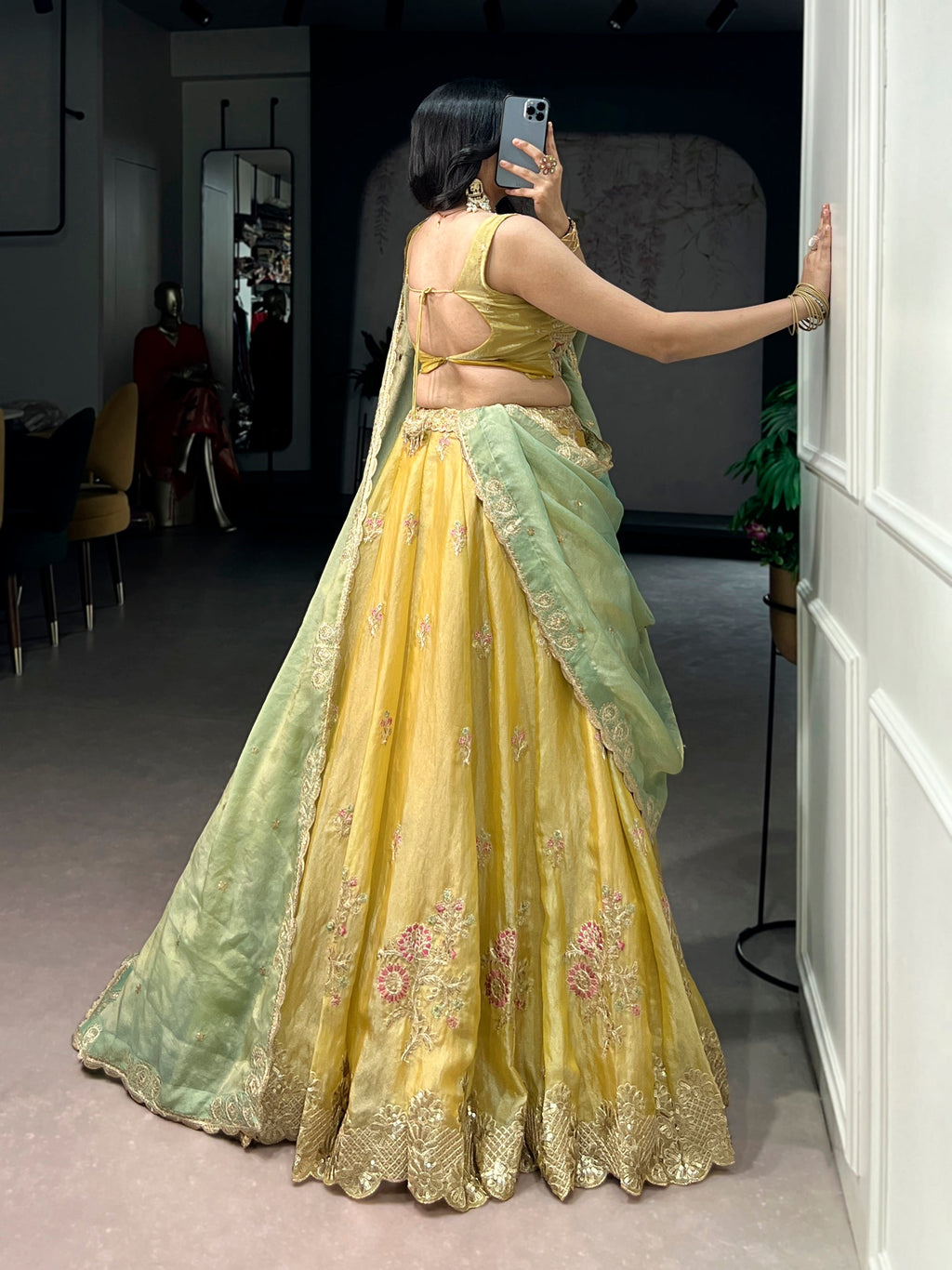 Lorenvalley Fashion Yellow NC Moss Silk Sequins and Thread Embroidery Work Lehenga Choli with Dupatta