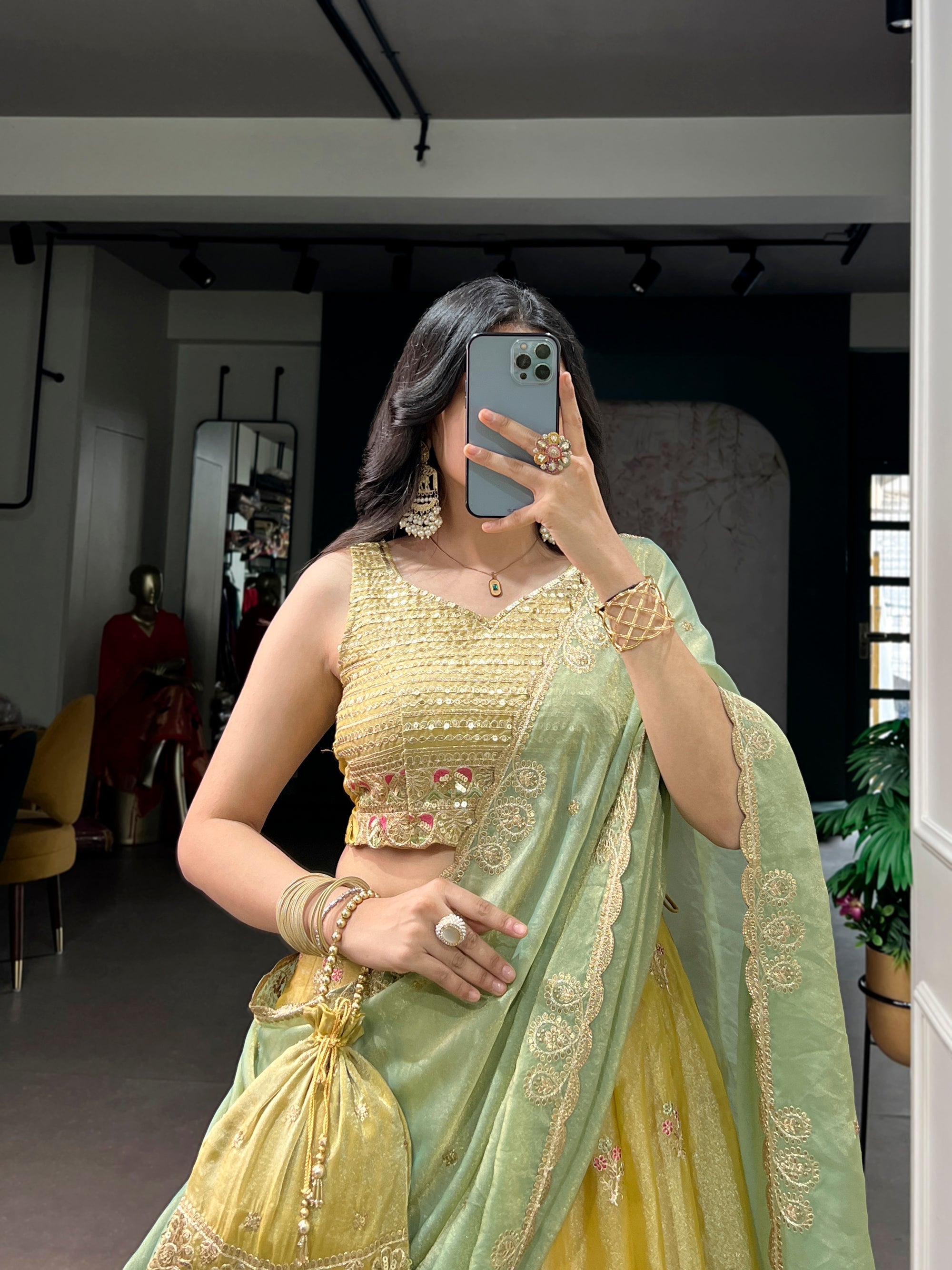Lorenvalley Fashion Yellow NC Moss Silk Sequins and Thread Embroidery Work Lehenga Choli with Dupatta