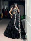 Lorenvalley Fashion Black Fendy Satin Sequins and Thread Embroidery Work Belt Lehenga Choli with Dupatta
