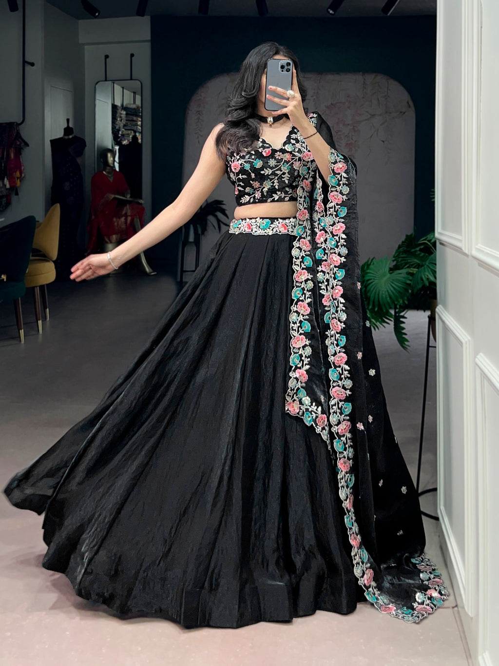 Lorenvalley Fashion Black Fendy Satin Sequins and Thread Embroidery Work Belt Lehenga Choli with Dupatta