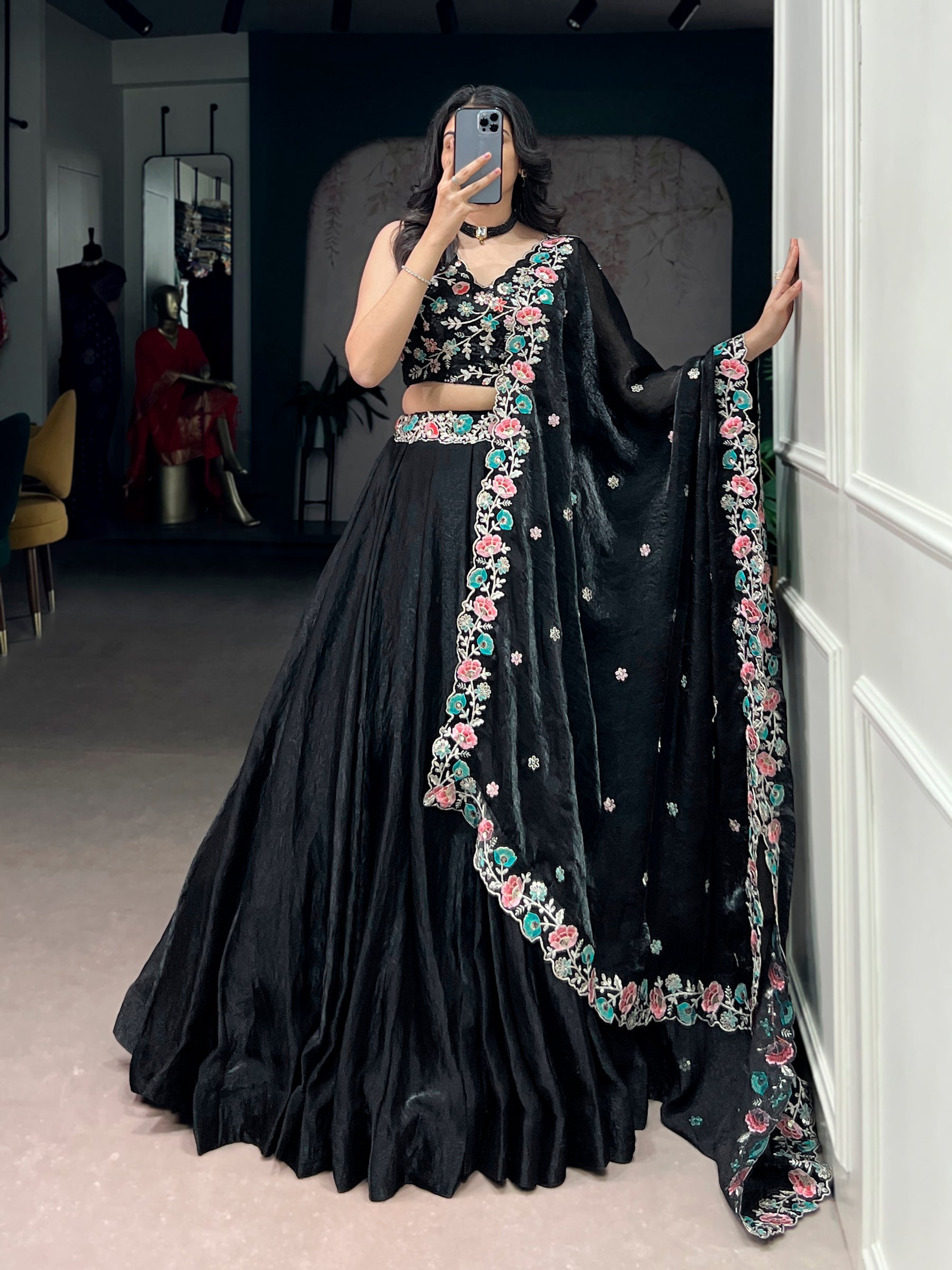 Lorenvalley Fashion Black Fendy Satin Sequins and Thread Embroidery Work Belt Lehenga Choli with Dupatta