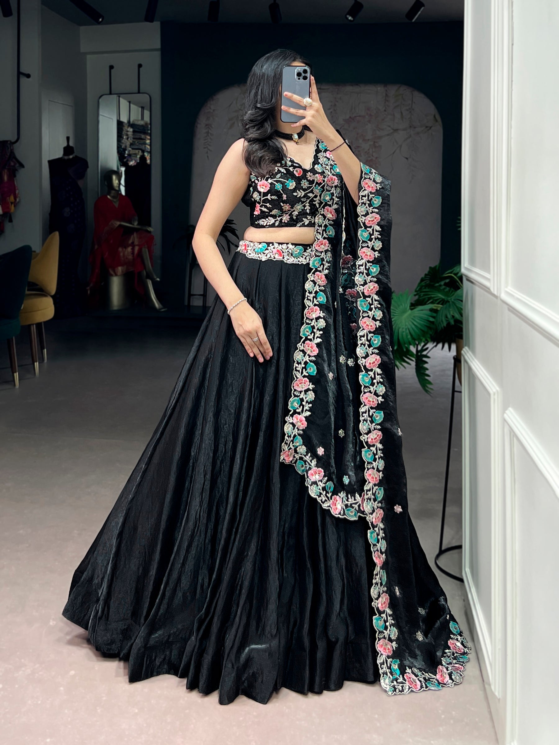 Lorenvalley Fashion Black Fendy Satin Sequins and Thread Embroidery Work Belt Lehenga Choli with Dupatta
