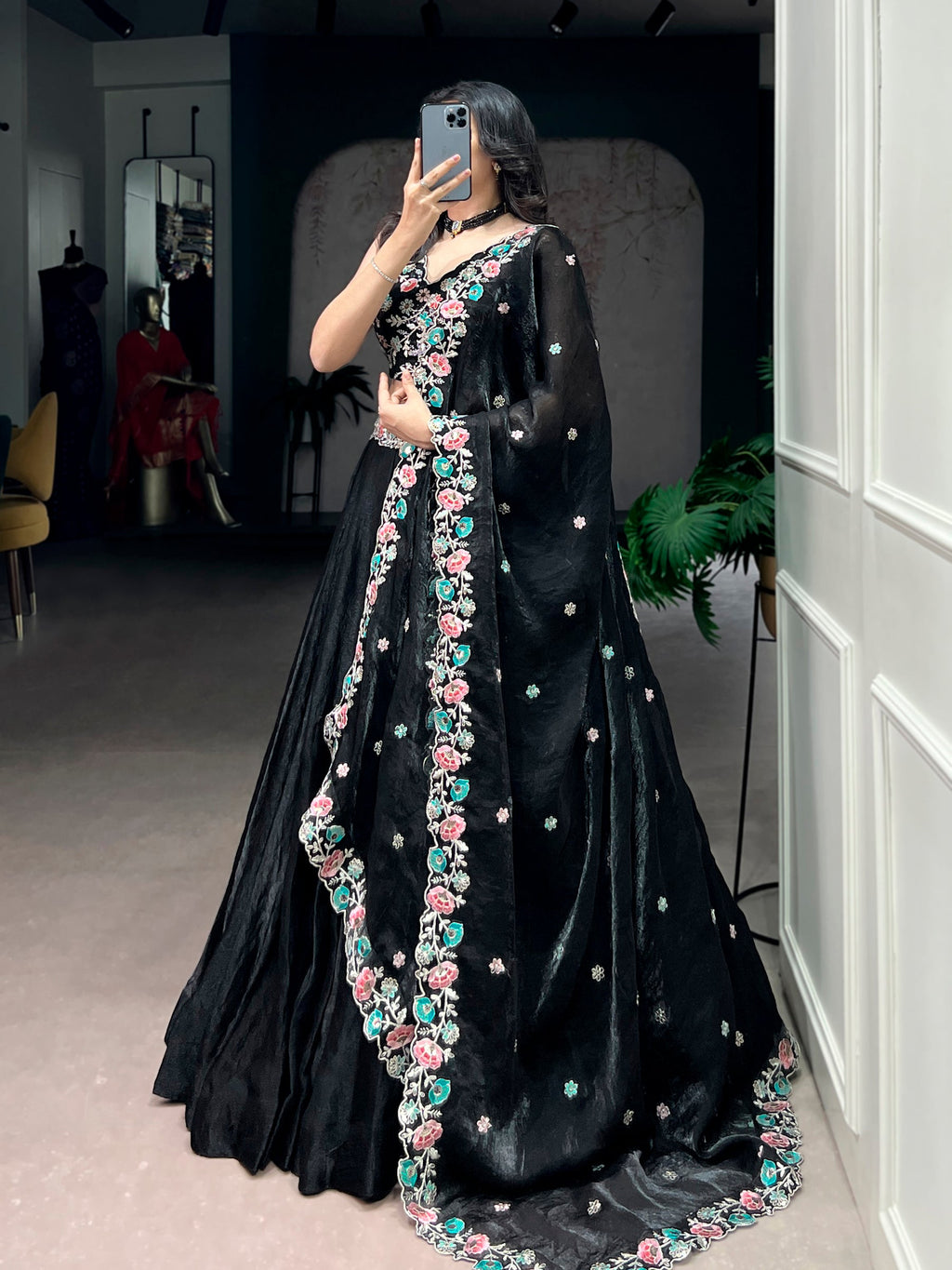 Lorenvalley Fashion Black Fendy Satin Sequins and Thread Embroidery Work Belt Lehenga Choli with Dupatta
