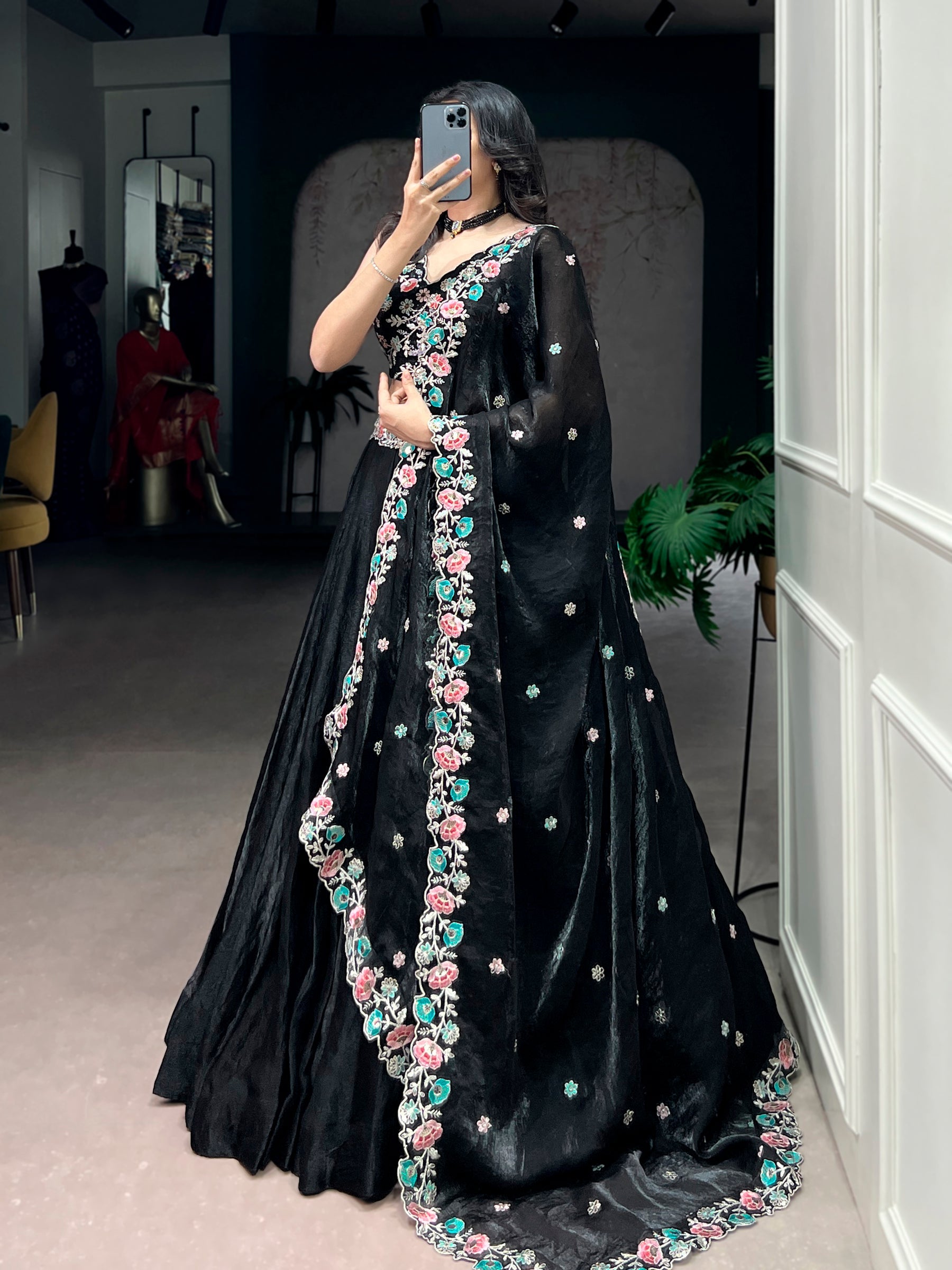 Lorenvalley Fashion Black Fendy Satin Sequins and Thread Embroidery Work Belt Lehenga Choli with Dupatta
