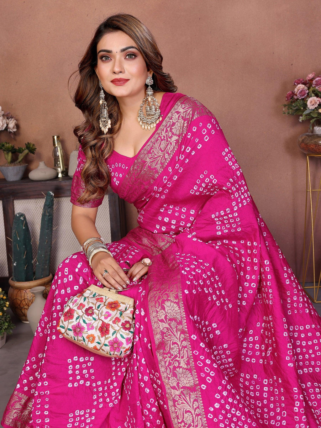 Anaita Pink Handmade Bandhej Viscose Silk Saree With Blouse