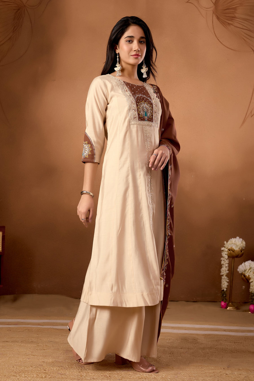 Lorenvalley Fashion Cream Roman Silk Multi Embroidery Thread With Beautiful Hand Work Kurta Palazzo Dupatta