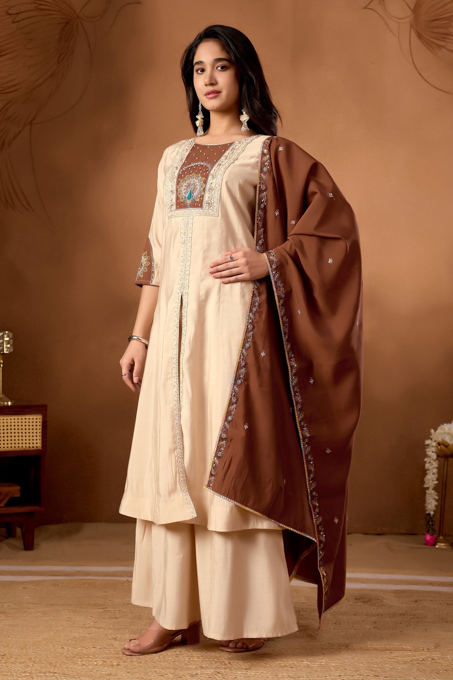 Lorenvalley Fashion Cream Roman Silk Multi Embroidery Thread With Beautiful Hand Work Kurta Palazzo Dupatta