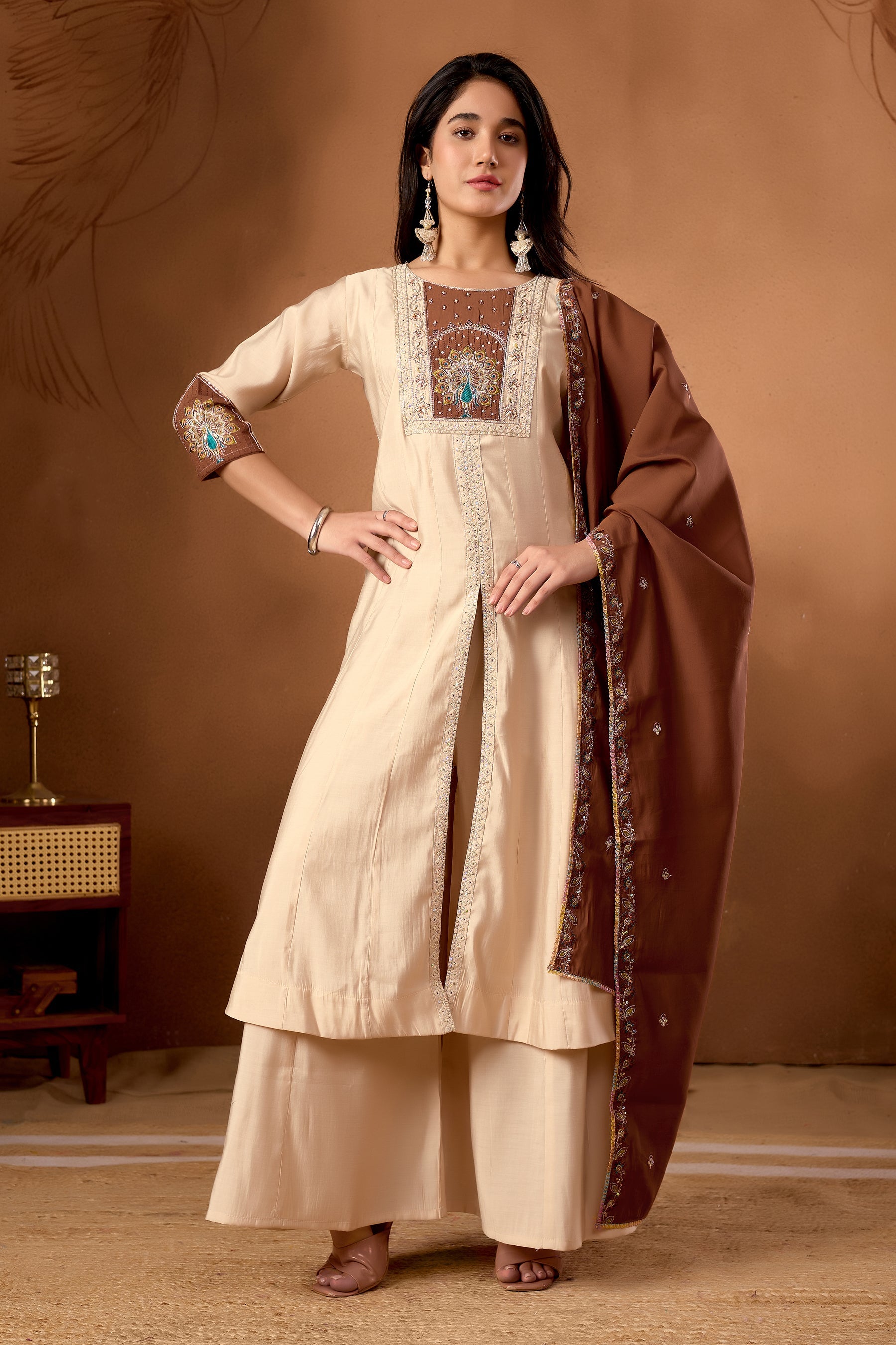 Lorenvalley Fashion Cream Roman Silk Multi Embroidery Thread With Beautiful Hand Work Kurta Palazzo Dupatta