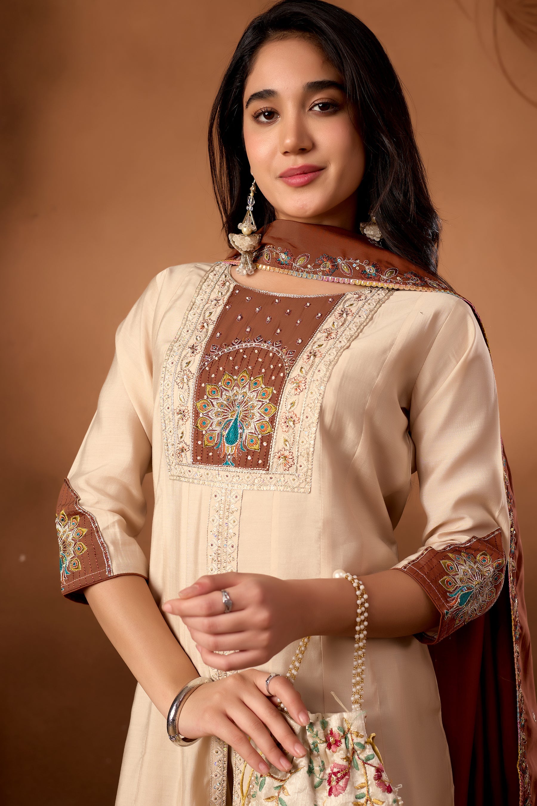 Lorenvalley Fashion Cream Roman Silk Multi Embroidery Thread With Beautiful Hand Work Kurta Palazzo Dupatta