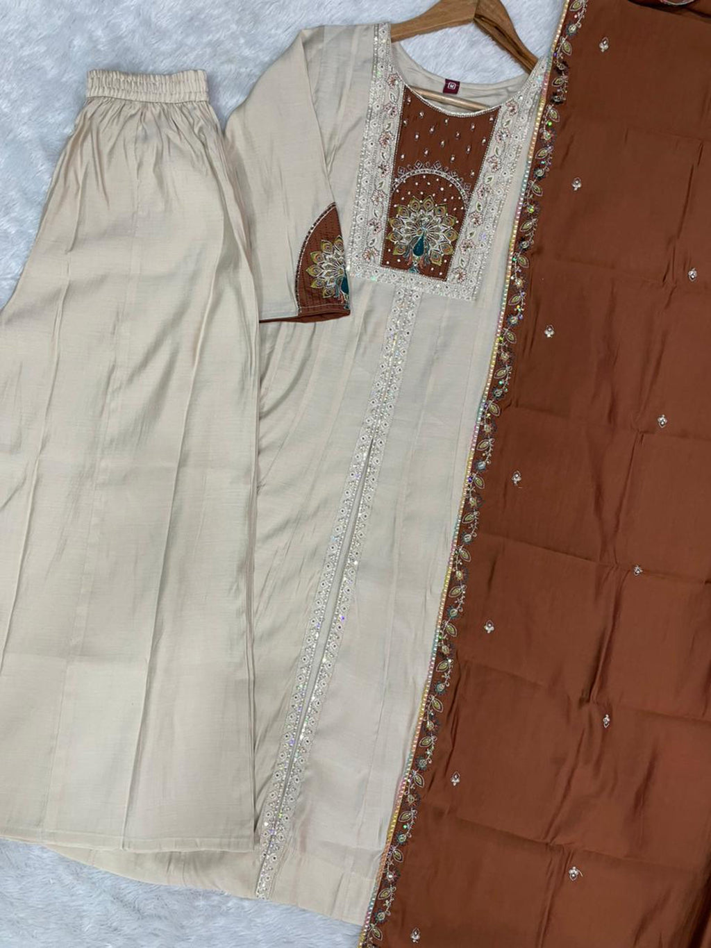 Lorenvalley Fashion Cream Roman Silk Multi Embroidery Thread With Beautiful Hand Work Kurta Palazzo Dupatta