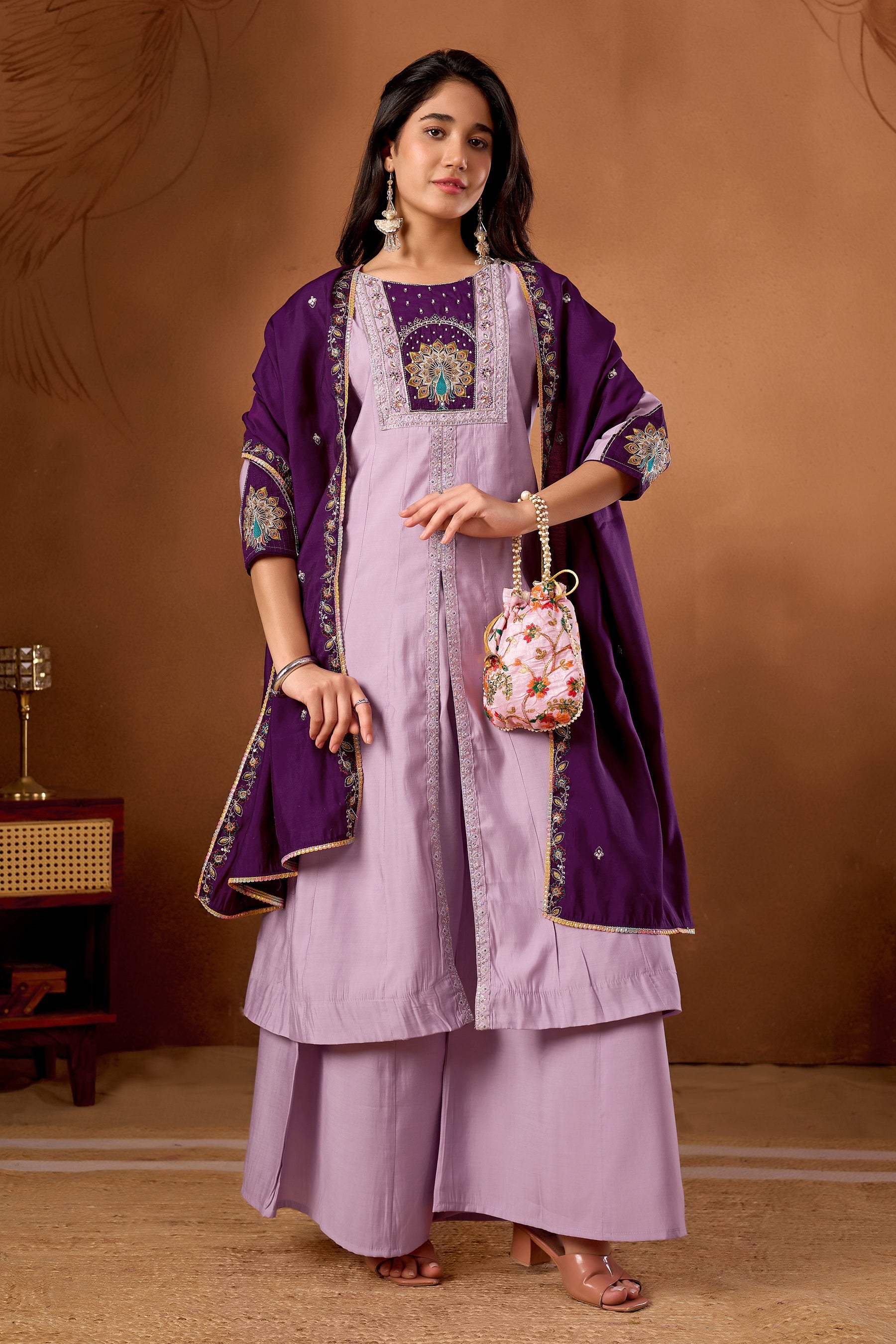 Lorenvalley Fashion Lavender Roman Silk Multi Embroidery Thread With Beautiful Hand Work Kurta Palazzo Dupatta