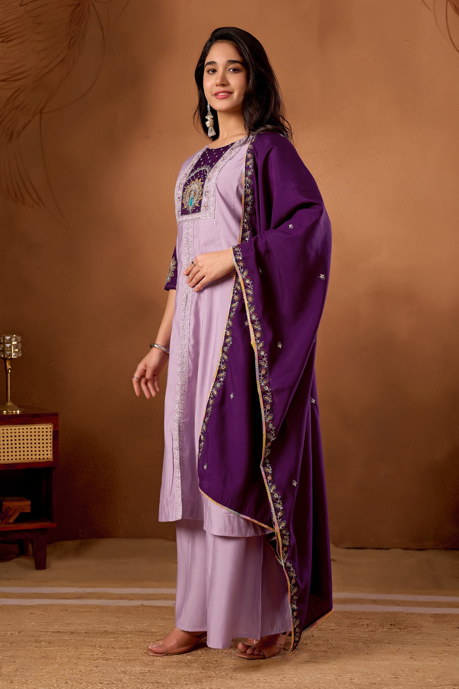 Lorenvalley Fashion Lavender Roman Silk Multi Embroidery Thread With Beautiful Hand Work Kurta Palazzo Dupatta