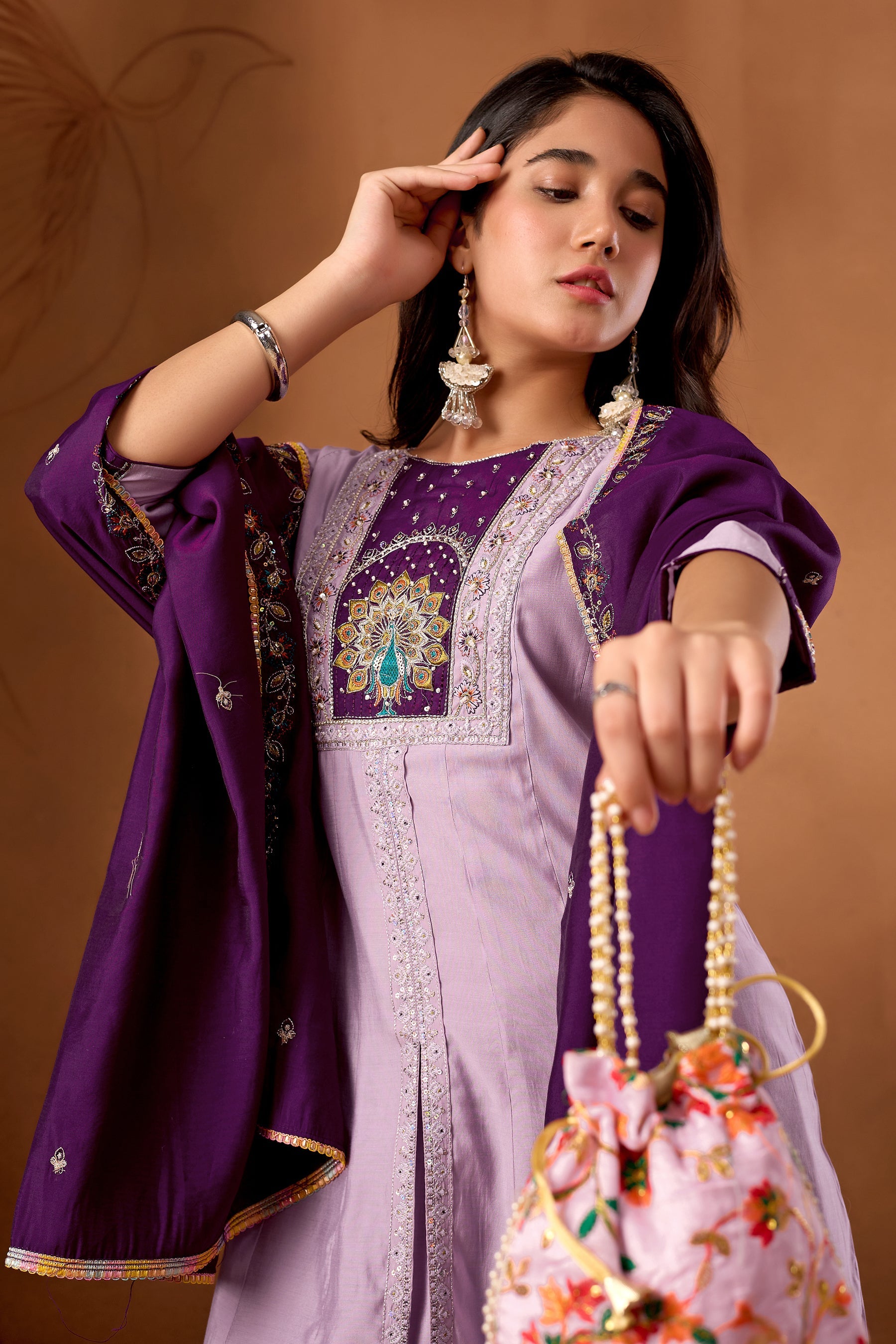 Lorenvalley Fashion Lavender Roman Silk Multi Embroidery Thread With Beautiful Hand Work Kurta Palazzo Dupatta