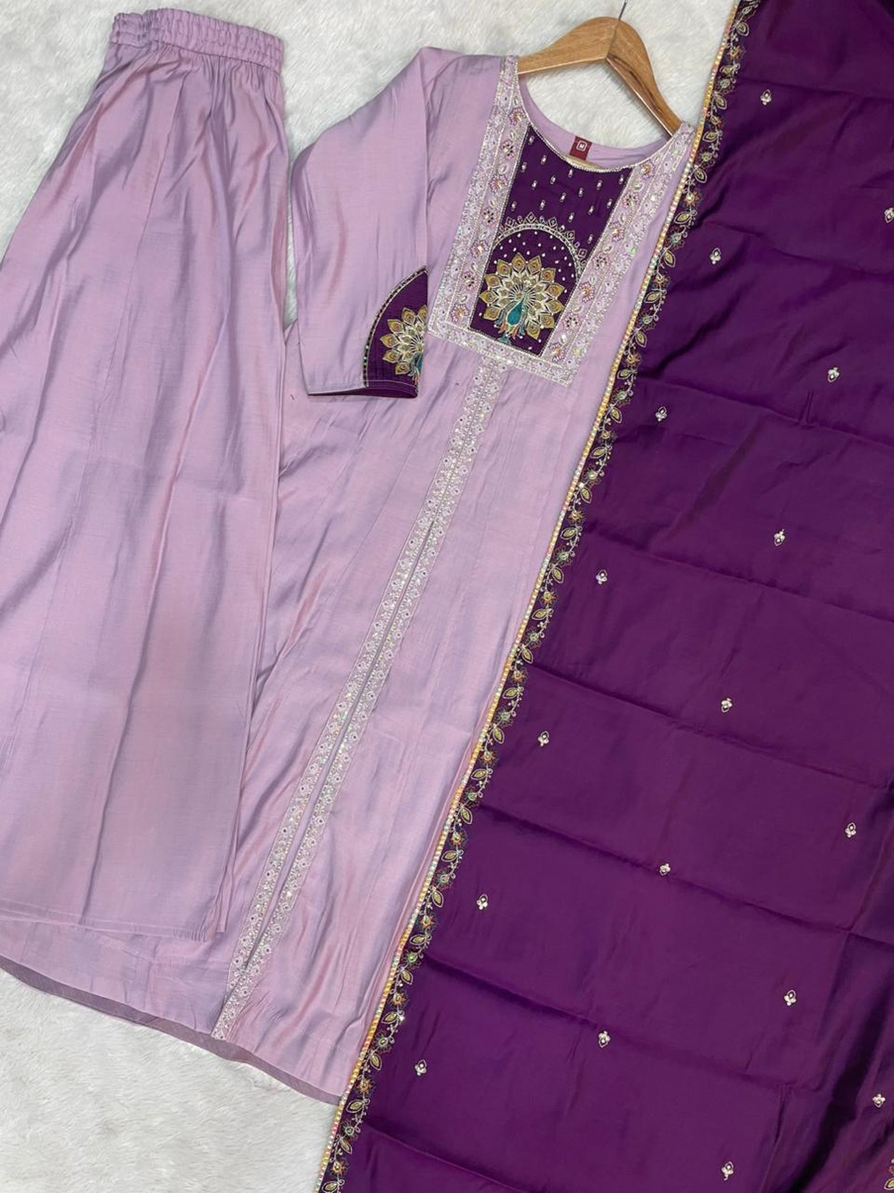 Lorenvalley Fashion Lavender Roman Silk Multi Embroidery Thread With Beautiful Hand Work Kurta Palazzo Dupatta