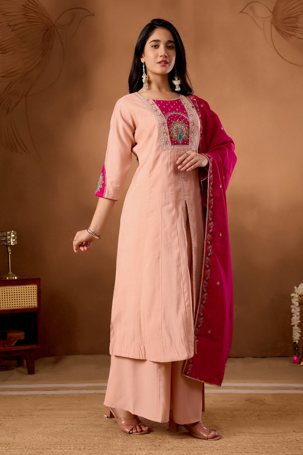 Lorenvalley Fashion Peach Roman Silk Multi Embroidery Thread With Beautiful Hand Work Kurta Palazzo Dupatta