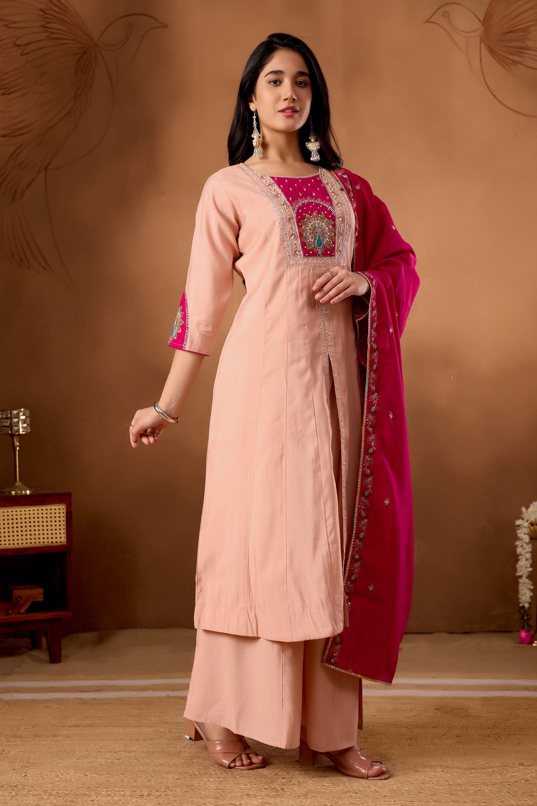 Lorenvalley Fashion Peach Roman Silk Multi Embroidery Thread With Beautiful Hand Work Kurta Palazzo Dupatta