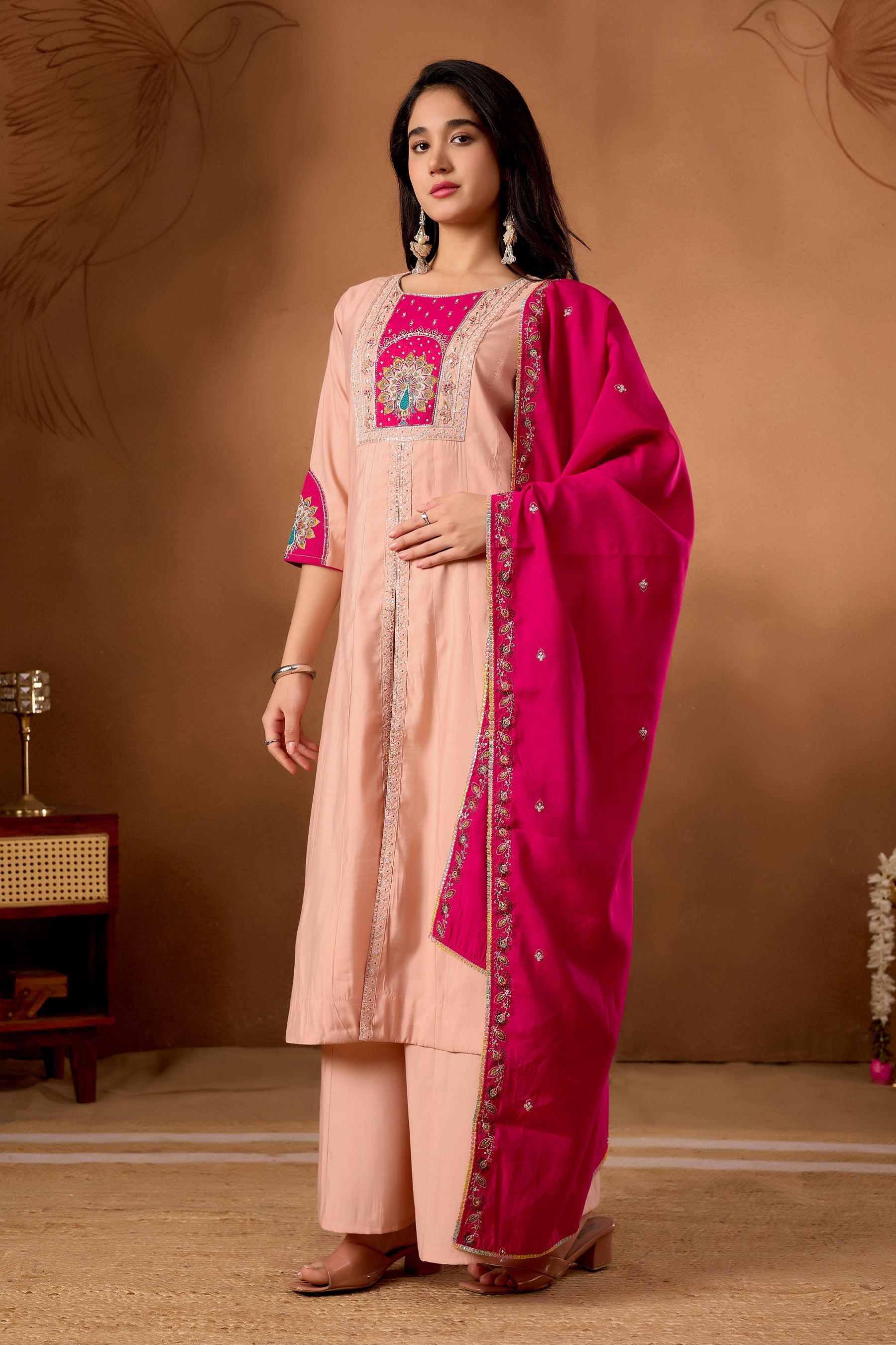 Lorenvalley Fashion Peach Roman Silk Multi Embroidery Thread With Beautiful Hand Work Kurta Palazzo Dupatta