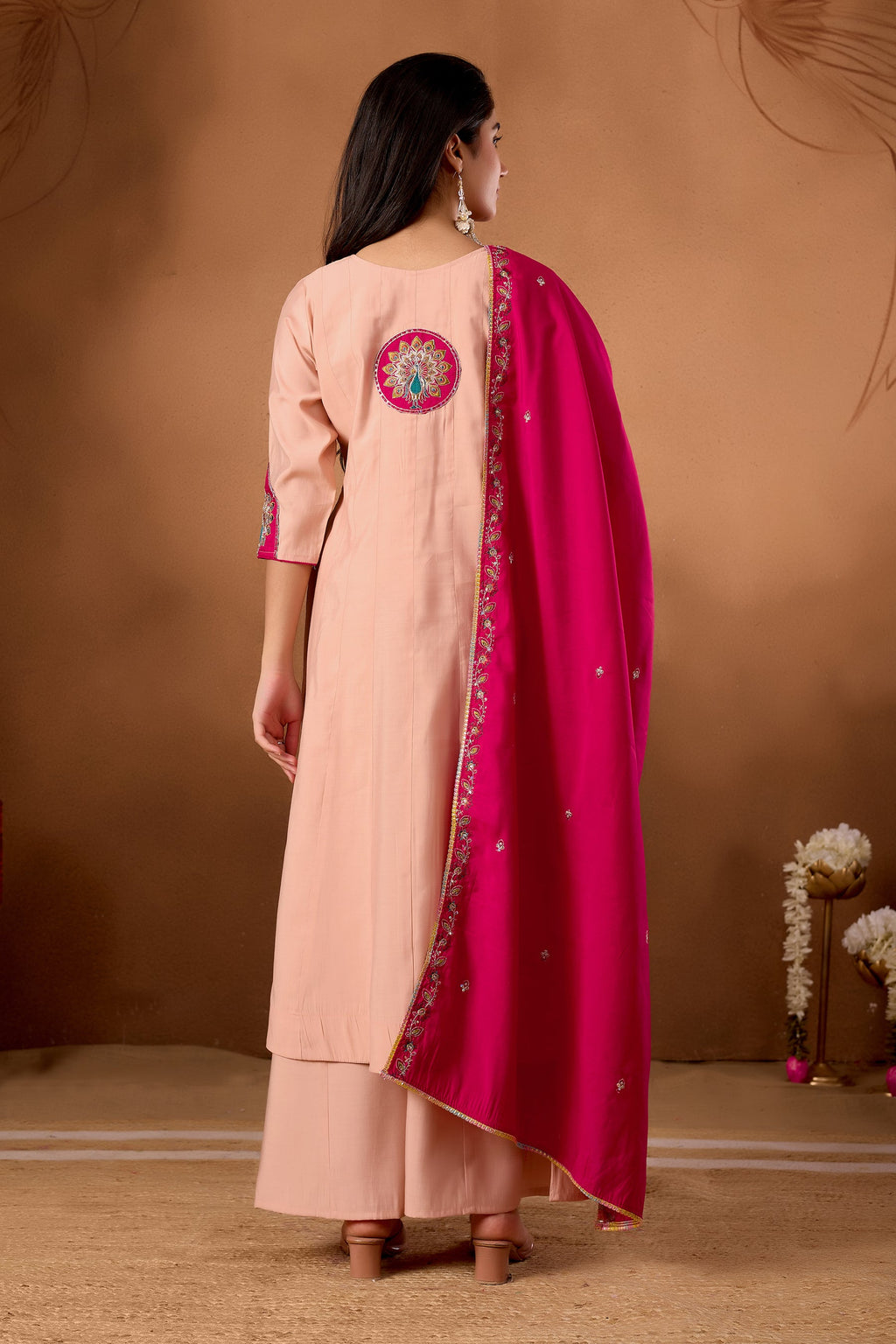 Lorenvalley Fashion Peach Roman Silk Multi Embroidery Thread With Beautiful Hand Work Kurta Palazzo Dupatta