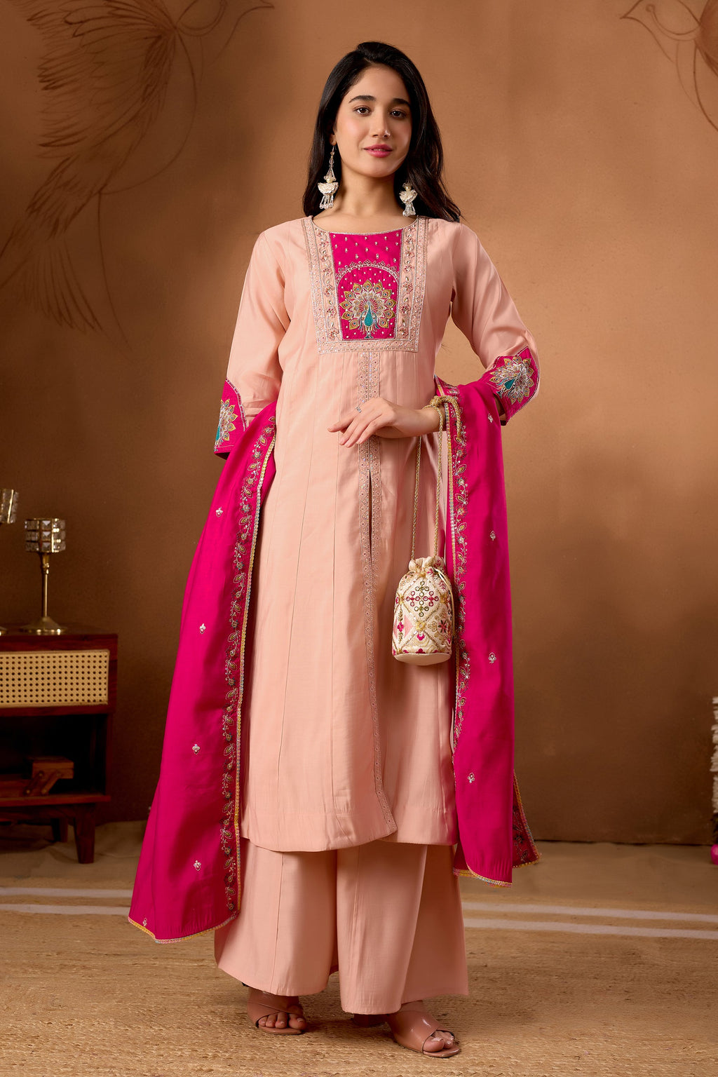 Lorenvalley Fashion Peach Roman Silk Multi Embroidery Thread With Beautiful Hand Work Kurta Palazzo Dupatta