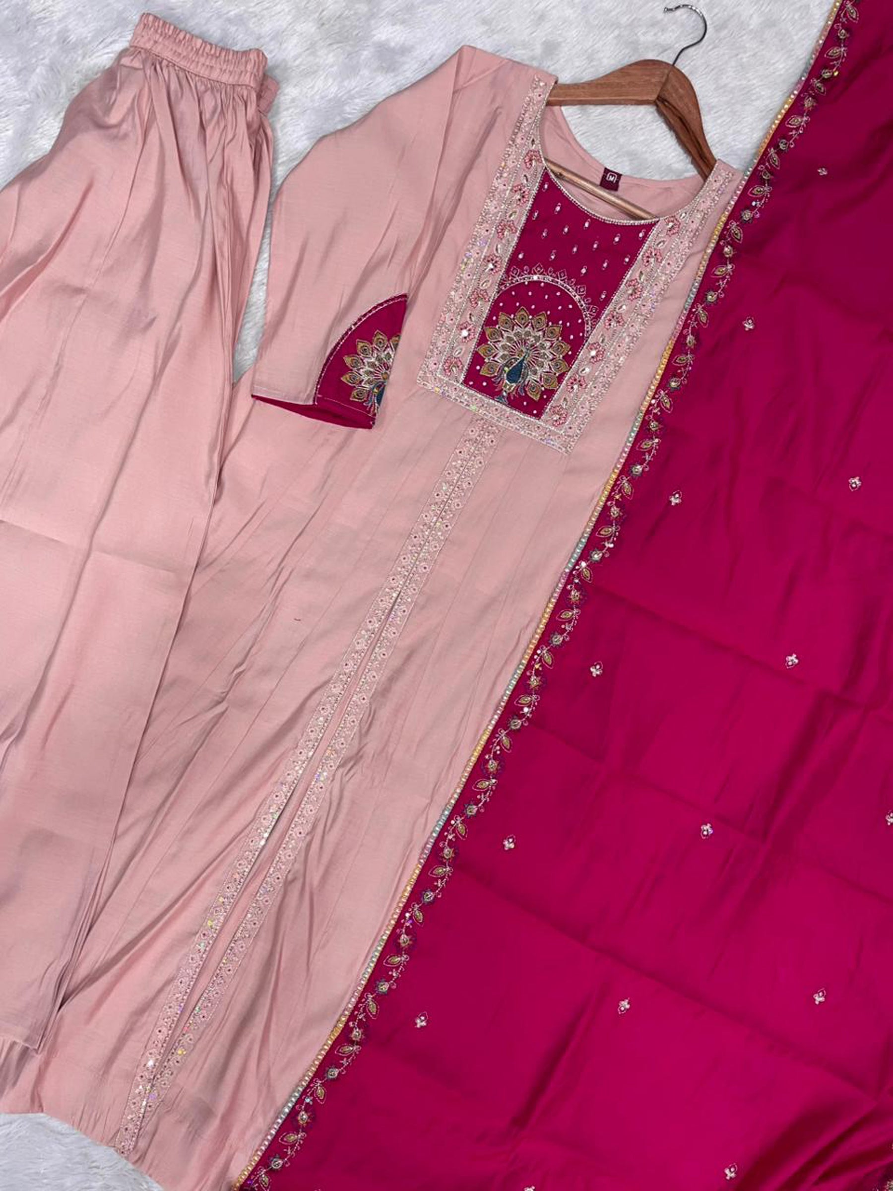 Lorenvalley Fashion Peach Roman Silk Multi Embroidery Thread With Beautiful Hand Work Kurta Palazzo Dupatta